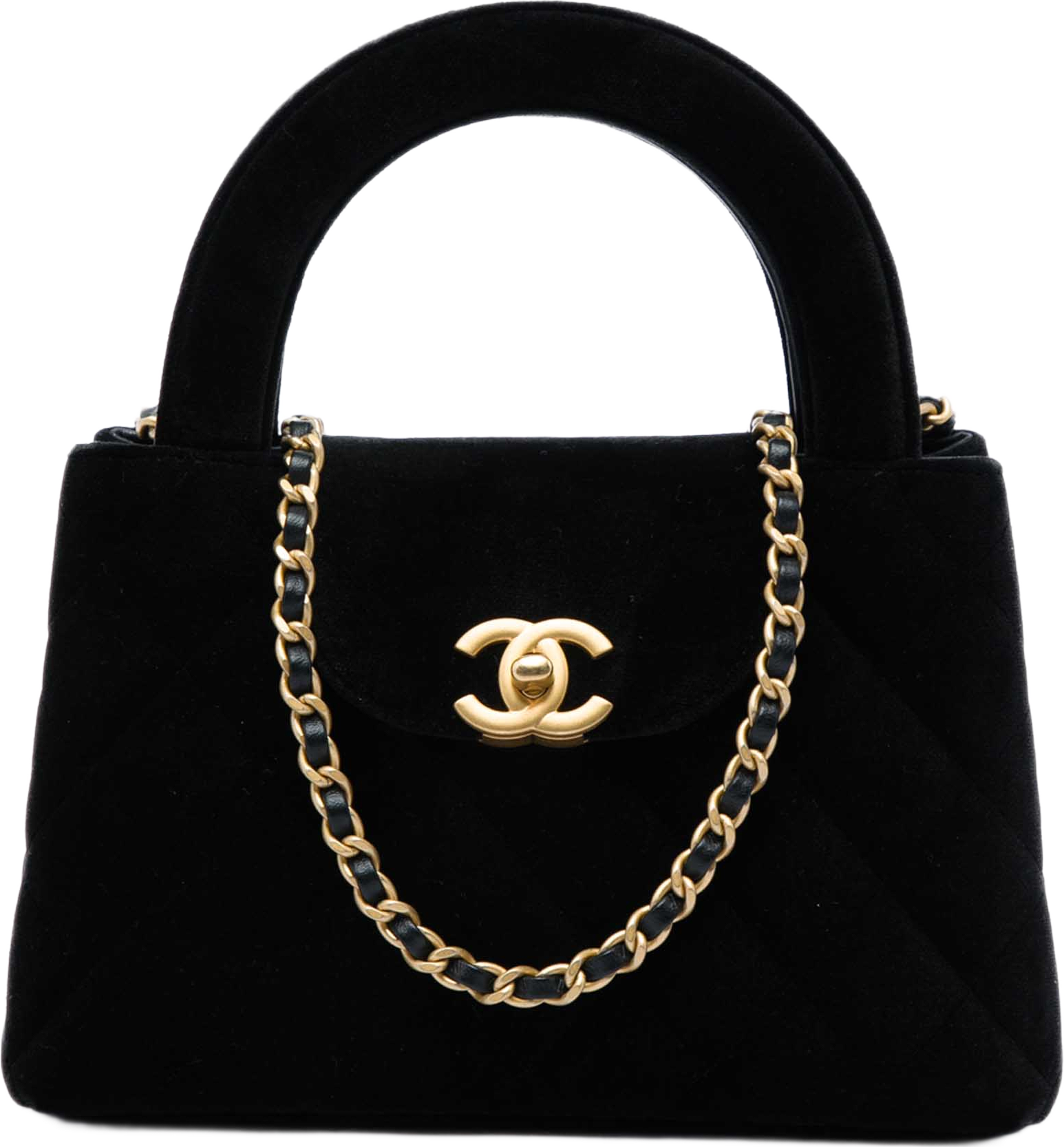 Chanel Nano Velvet Kelly Shopper Bag, från Luxclusif, i färgen svart. Klicka för att öppna bilden i stort format