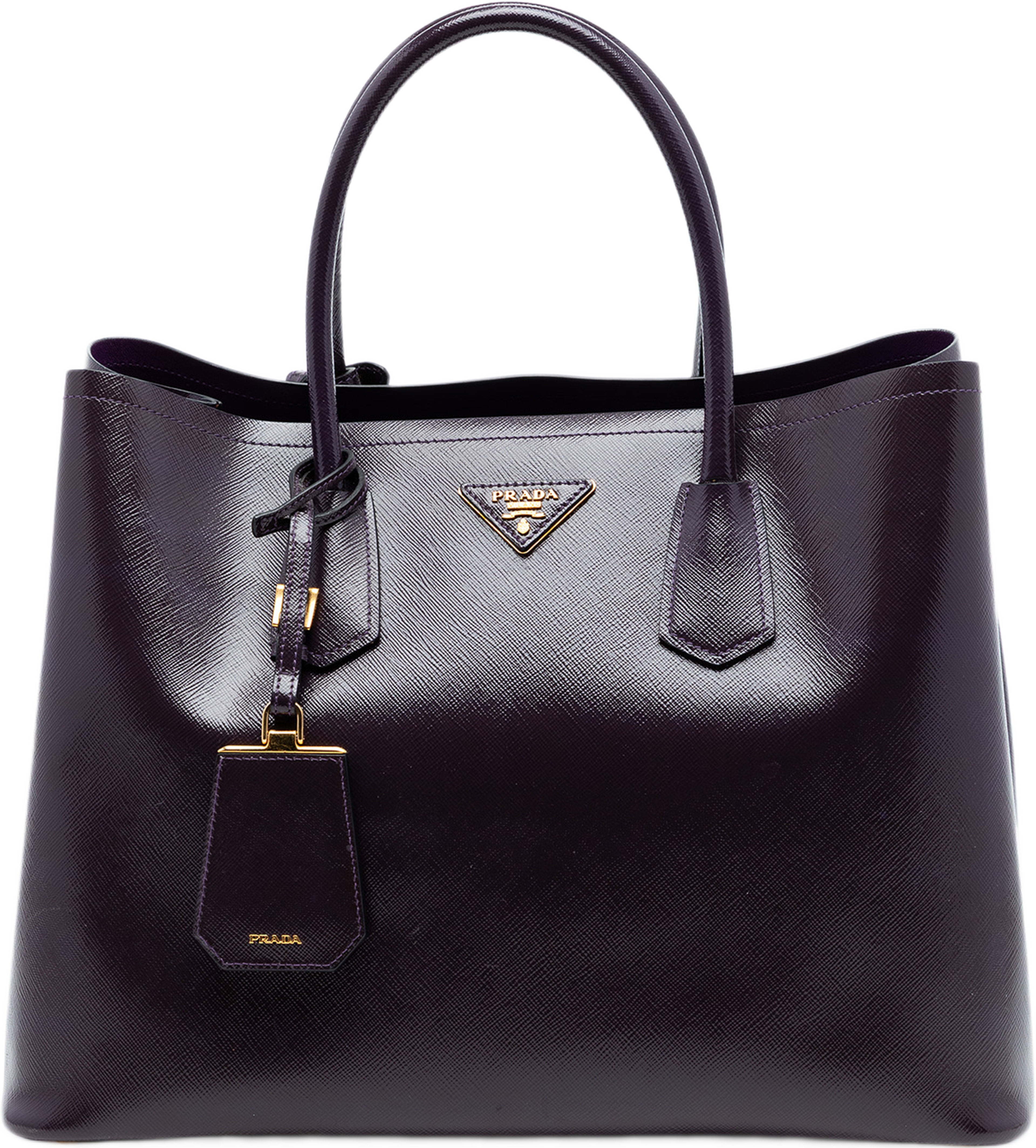 Prada Medium Saffiano Cuir Double Satchel, från Luxclusif, i färgen violet. Klicka för att öppna bilden i stort format
