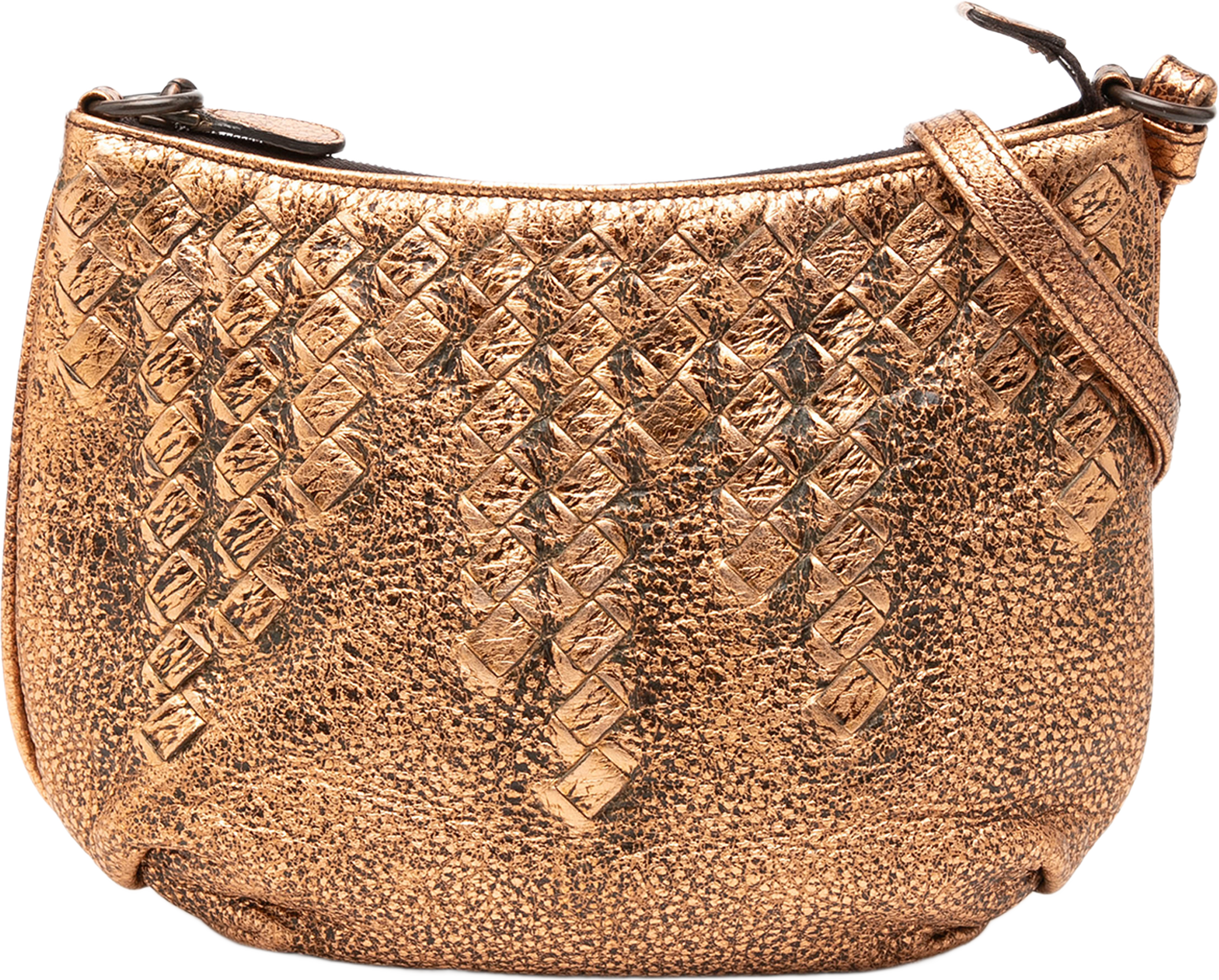 Bottega Veneta Intrecciato Trimmed Metallic Leather Crossbody, från Luxclusif, i färgen gold. Klicka för att öppna bilden i stort format
