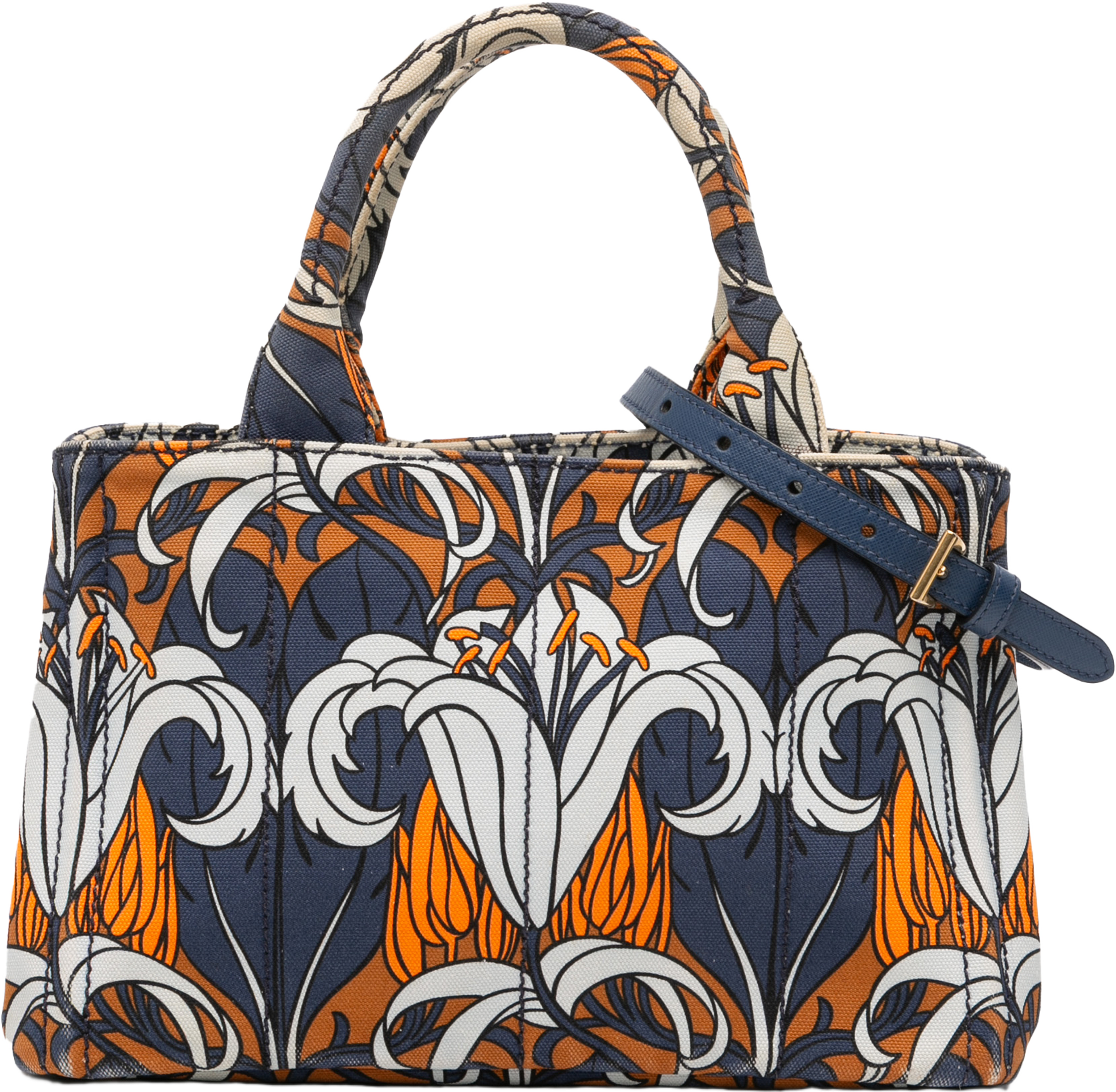 Prada Small Floral Printed Canvas Canapa Satchel, från Luxclusif, i färgen blue. Klicka för att öppna bilden i stort format