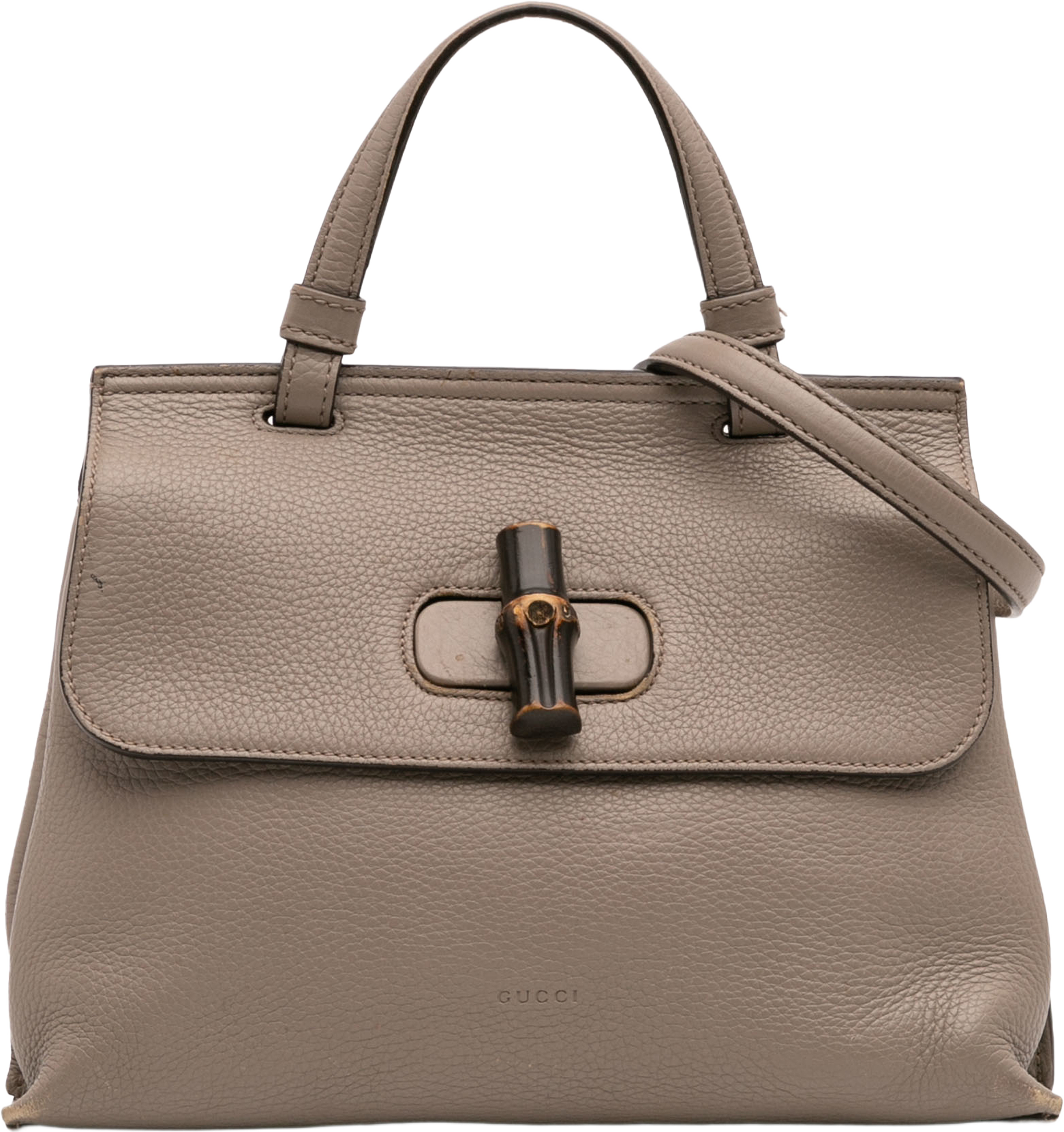 Gucci Small Leather Bamboo Daily Satchel, från Luxclusif, i färgen taupe. Klicka för att öppna bilden i stort format
