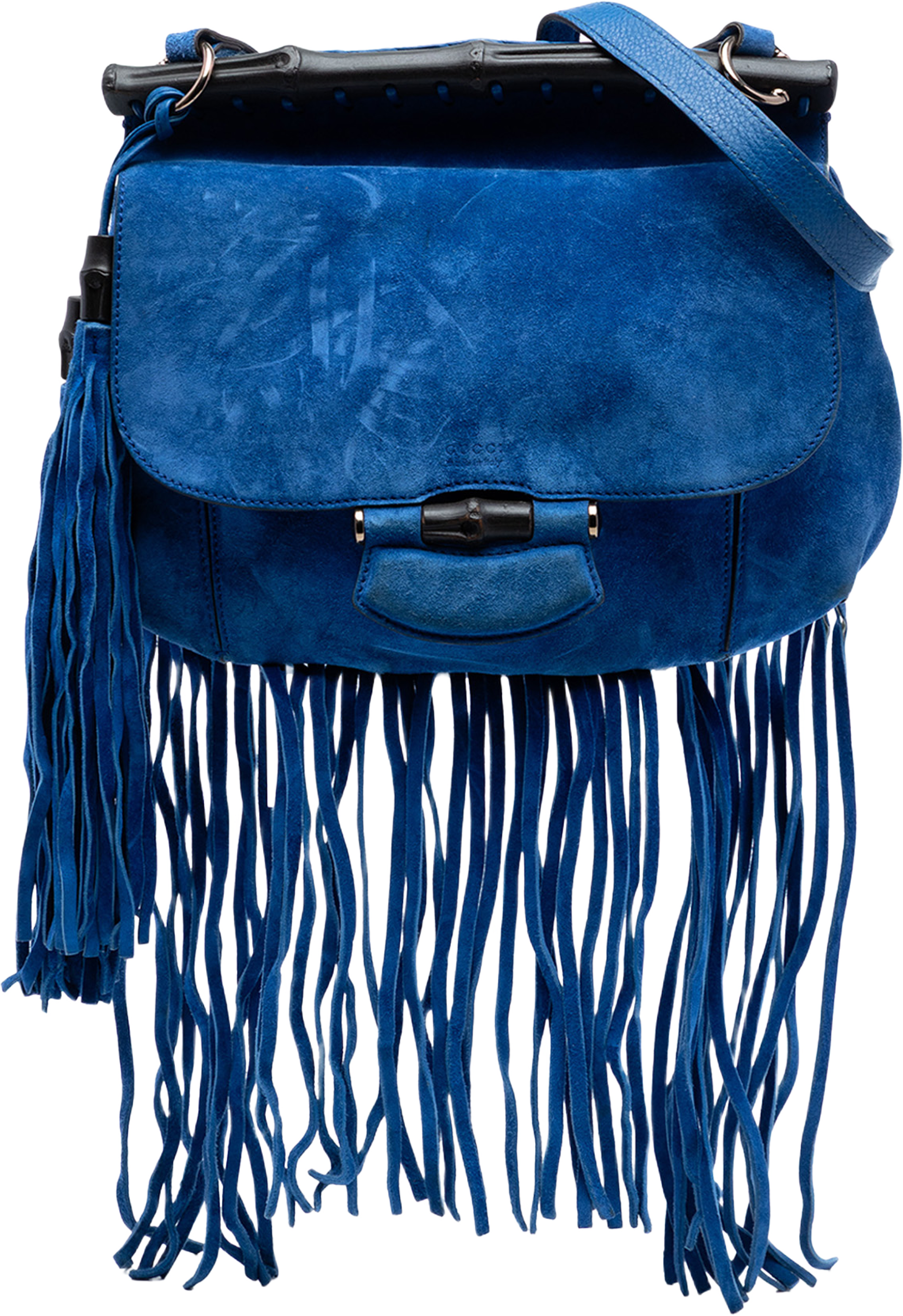 Gucci Medium Suede Bamboo Nouveau Fringe Crossbody, från Luxclusif, i färgen blue. Klicka för att öppna bilden i stort format
