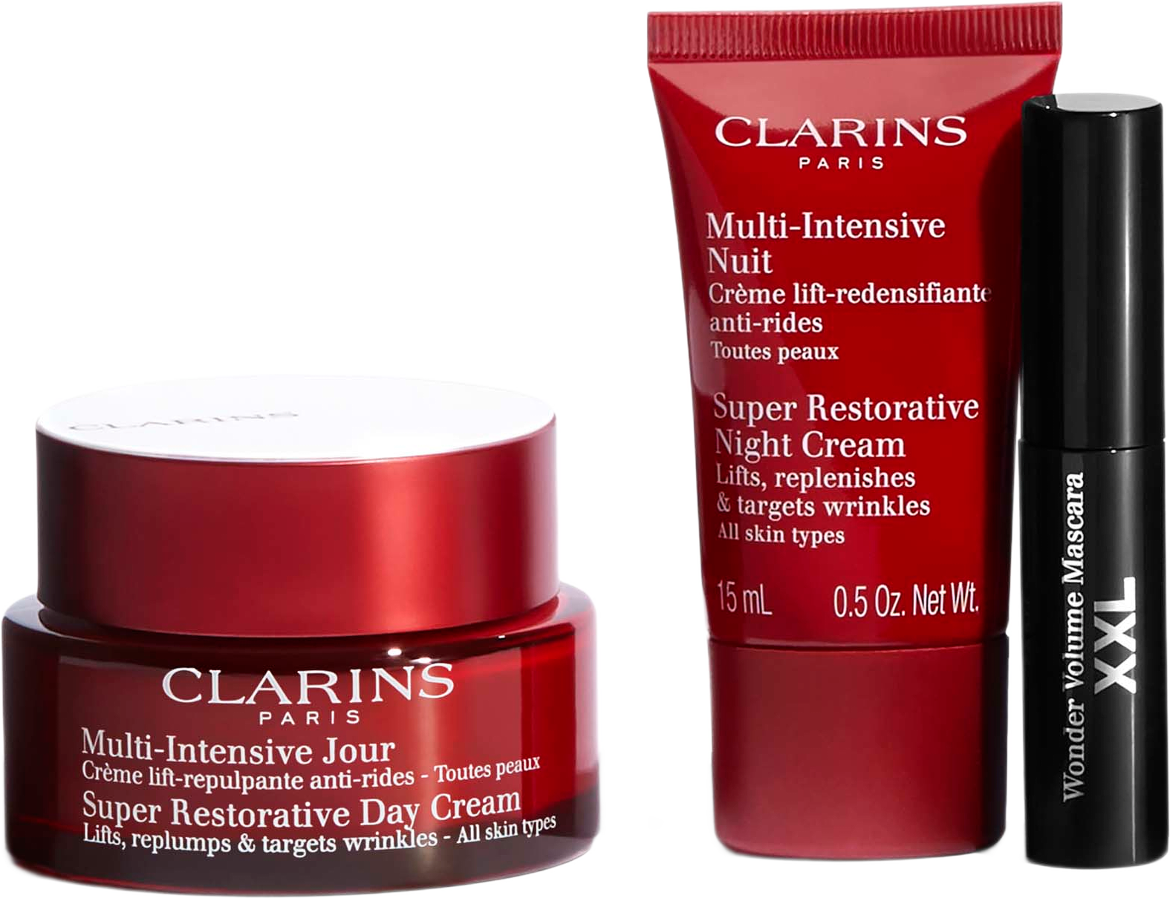 Value Pack SR day cr 50ml, TS SR night cr 15ml, TS XXL volume 3ml 68 ml, från Clarins. Klicka för att öppna bilden i stort format