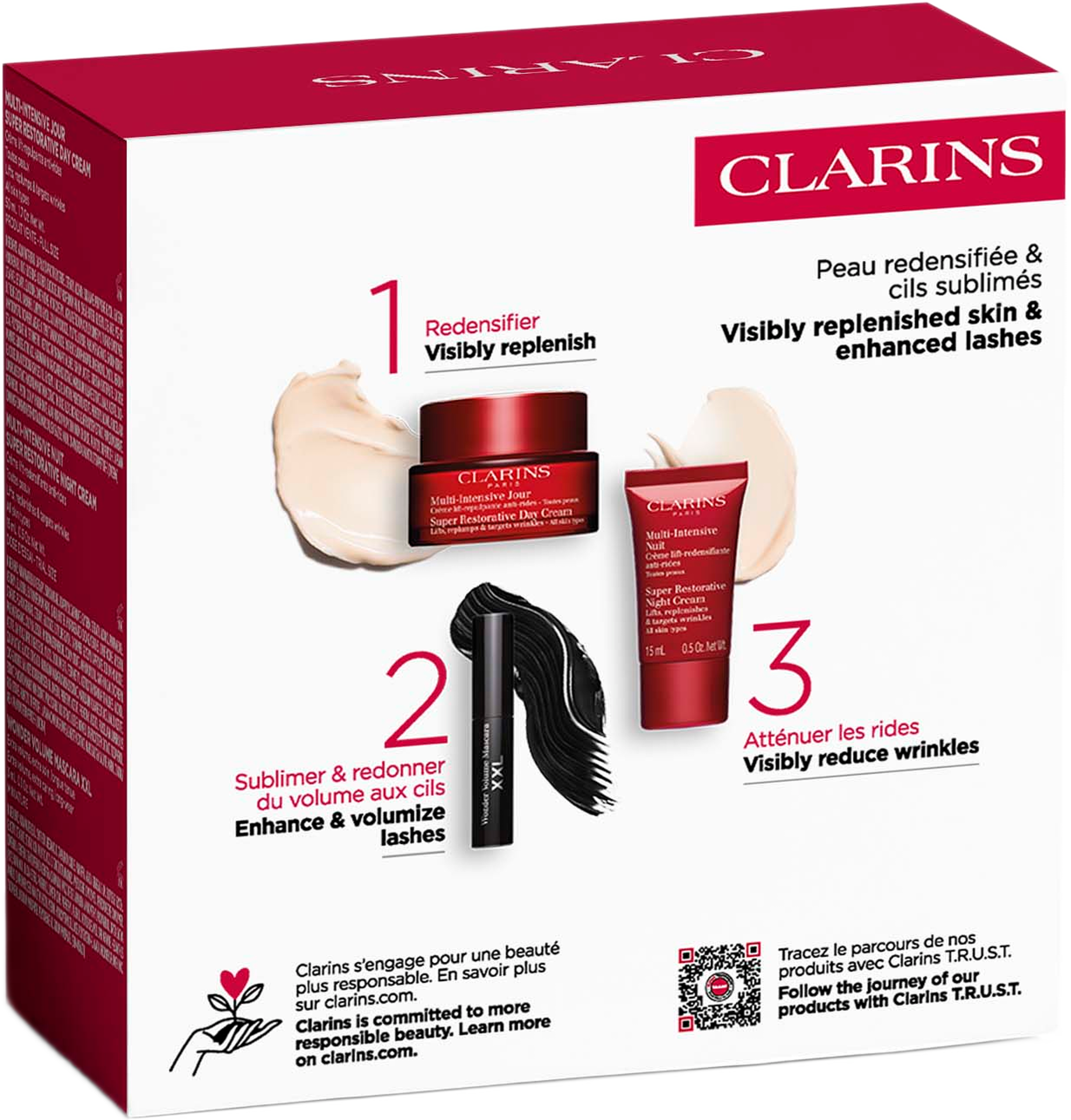 Value Pack SR day cr 50ml, TS SR night cr 15ml, TS XXL volume 3ml 68 ml, från Clarins. Klicka för att öppna bilden i stort format