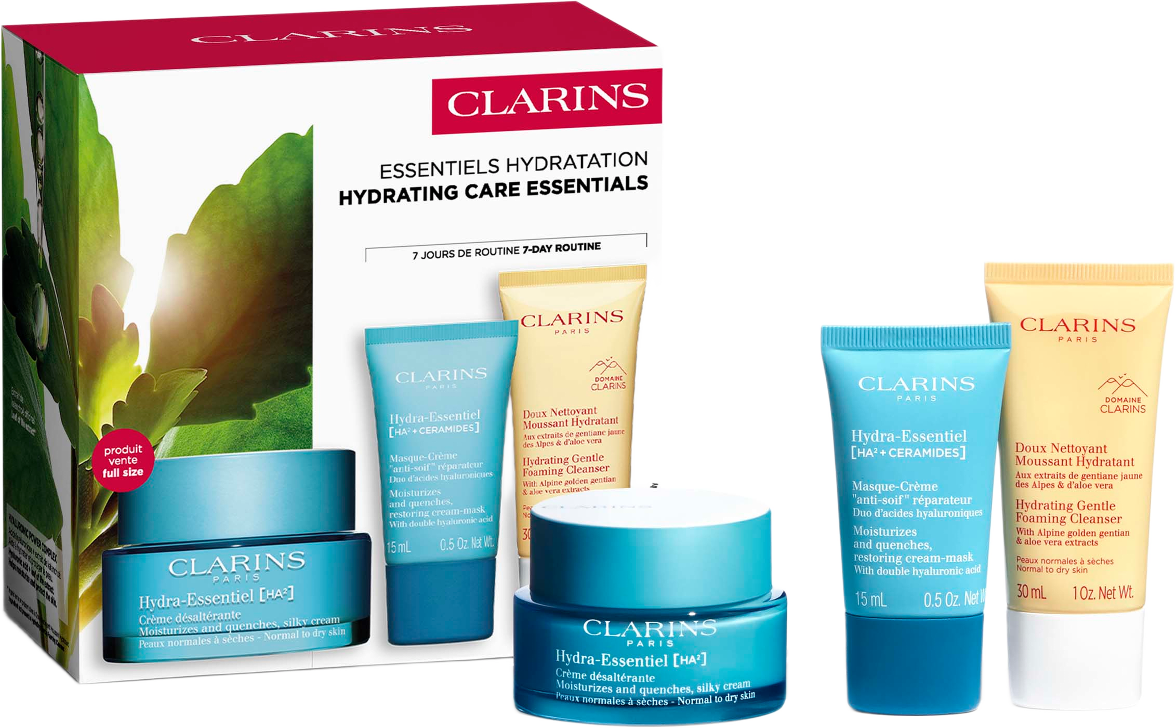 Value Pack HE silk NTD 50ml, HE moist quench mask 15ml, Hydra GFC 30 ml 95 ml, från Clarins. Klicka för att öppna bilden i stort format