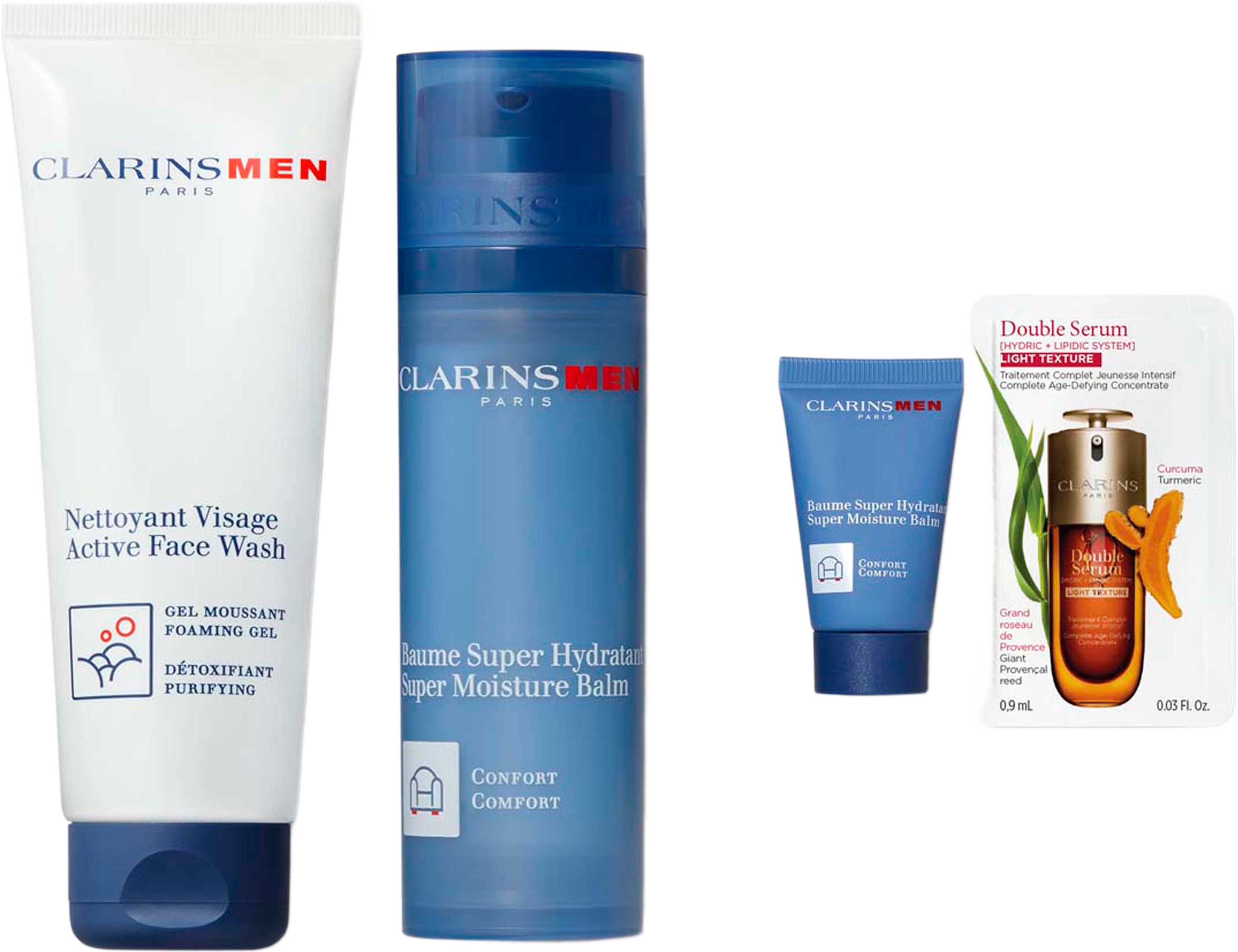 Clarinsmen Hydration S.moist balm 50ml/Active FW 125ml/S.moist balm 12ml/DS, från Clarins for Men. Klicka för att öppna bilden i stort format