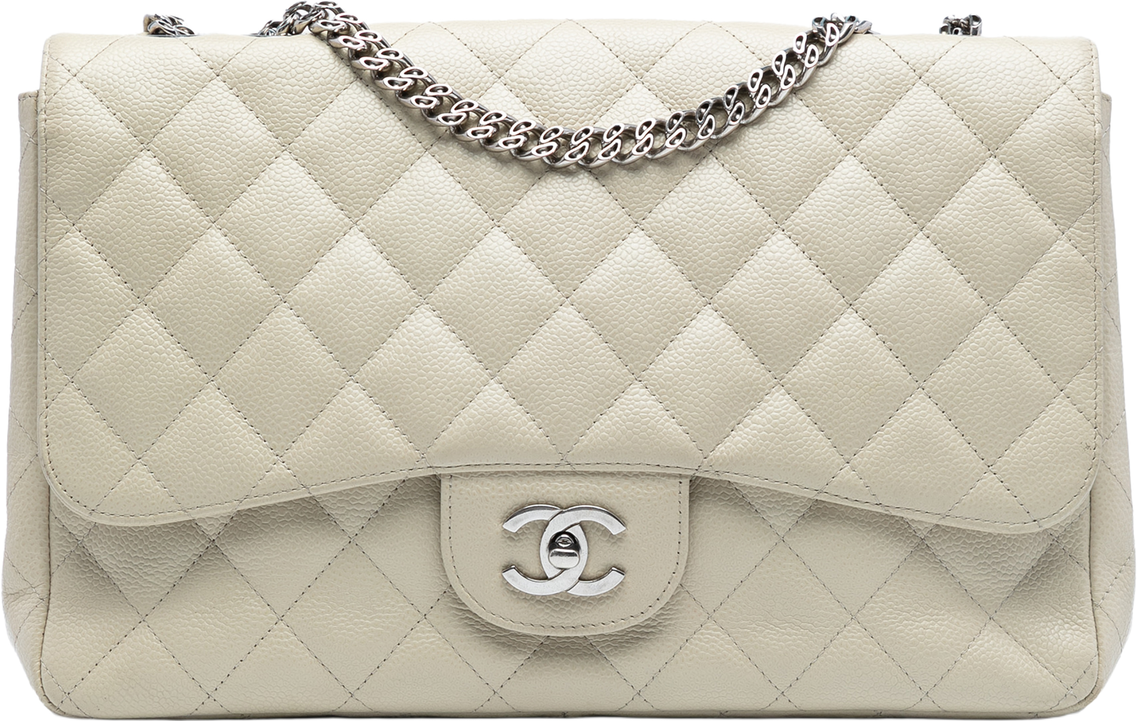 Chanel Jumbo Classic Caviar Bijoux Chain Single Flap, från Luxclusif, i färgen off white. Klicka för att öppna bilden i stort format
