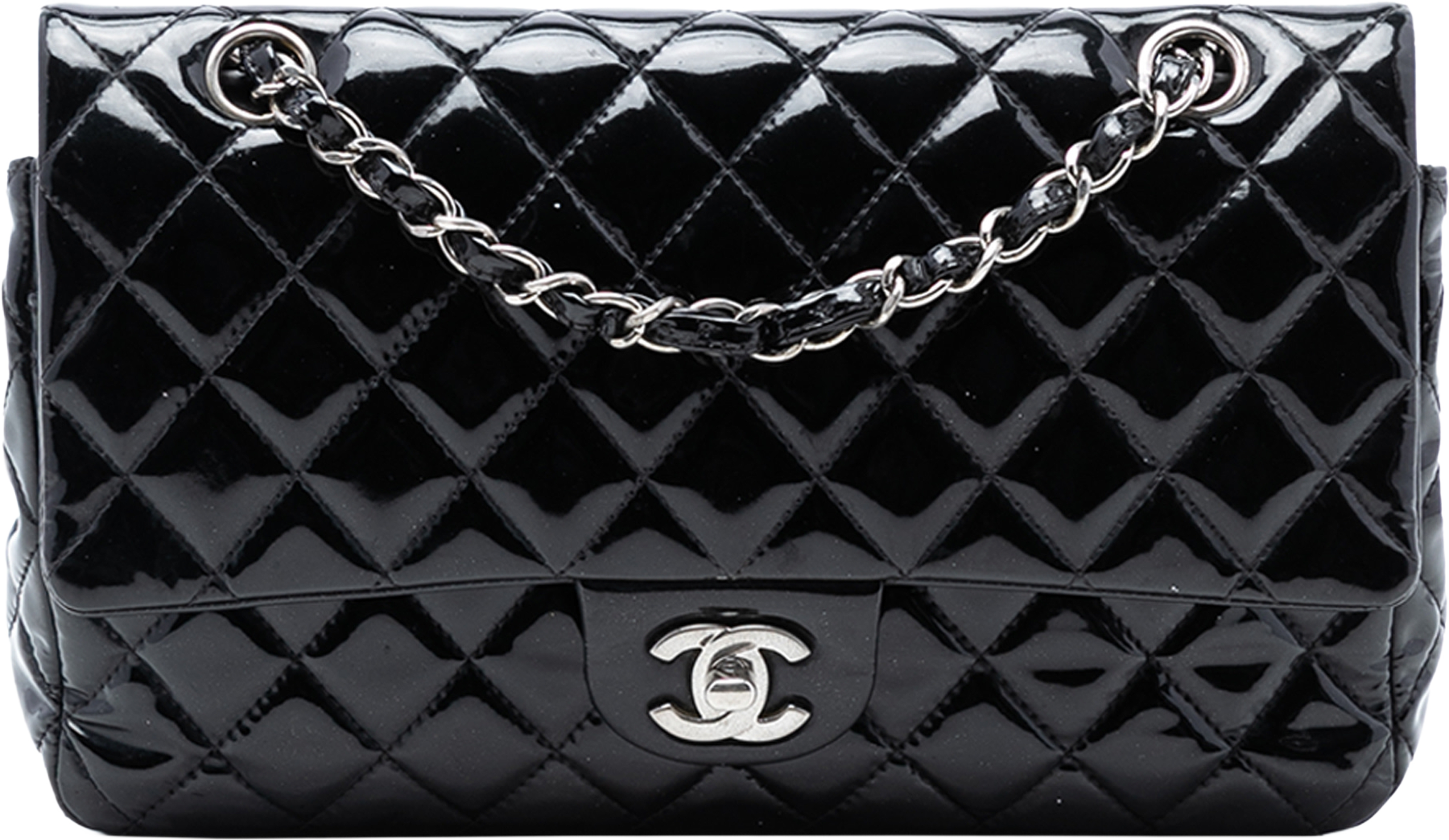 Chanel Medium Classic Patent Double Flap, från Luxclusif, i färgen black. Klicka för att öppna bilden i stort format