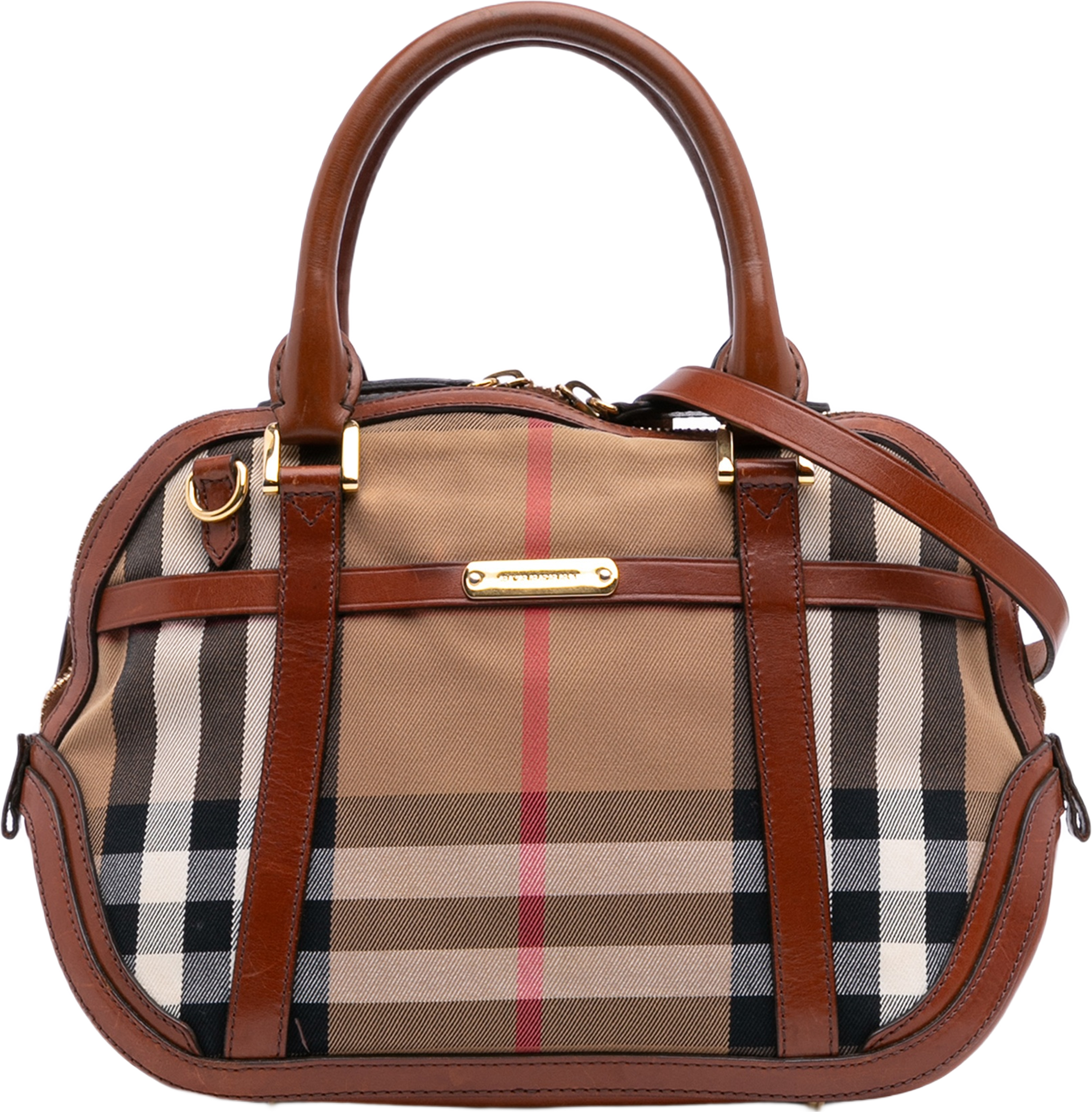 Burberry Small Leather Trimmed House Check Canvas Bridle Orchard Satchel, från Luxclusif, i färgen light brown. Klicka för att öppna bilden i stort format