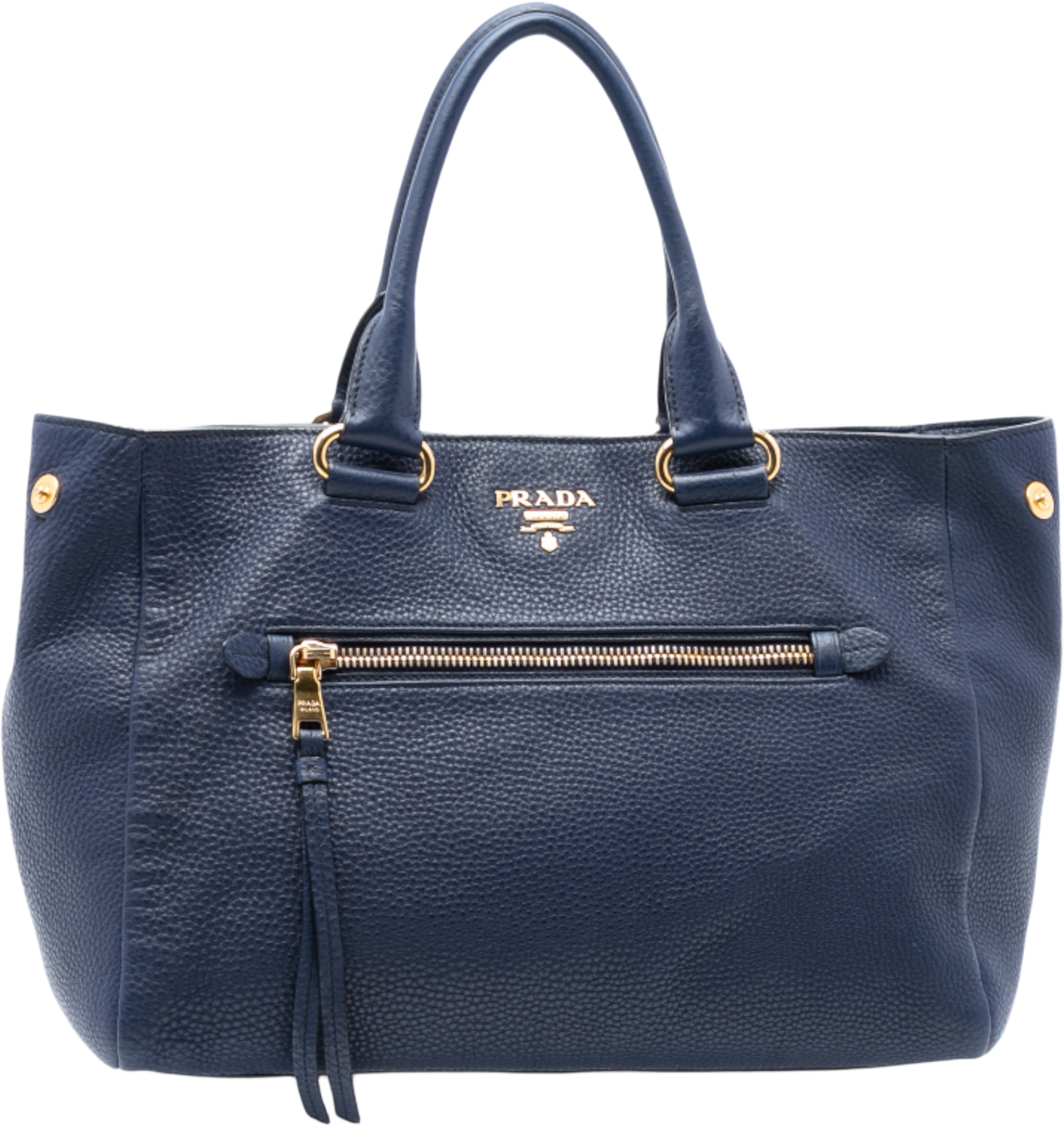 Prada Vitello Daino Front Pocket Tote, från Luxclusif, i färgen blue. Klicka för att öppna bilden i stort format