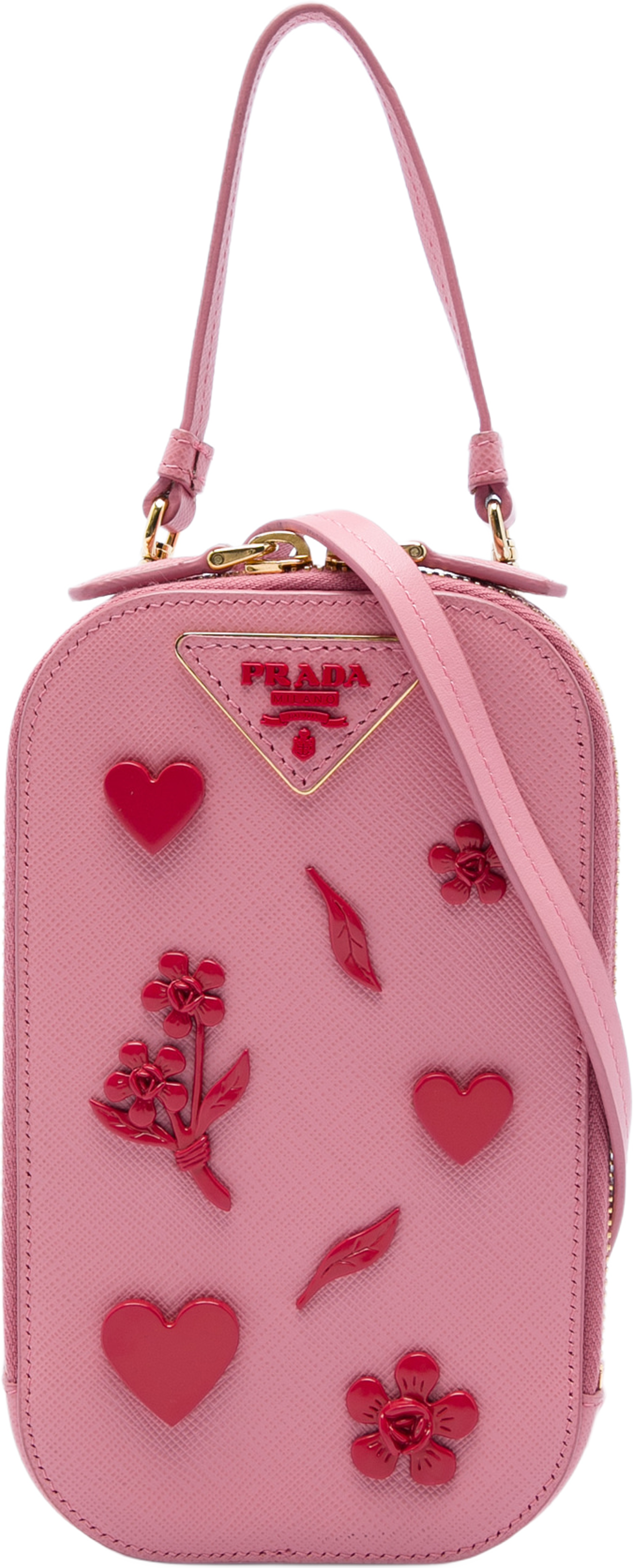 Prada Embellished Saffiano Lux Phone Pouch, från Luxclusif, i färgen rosa. Klicka för att öppna bilden i stort format