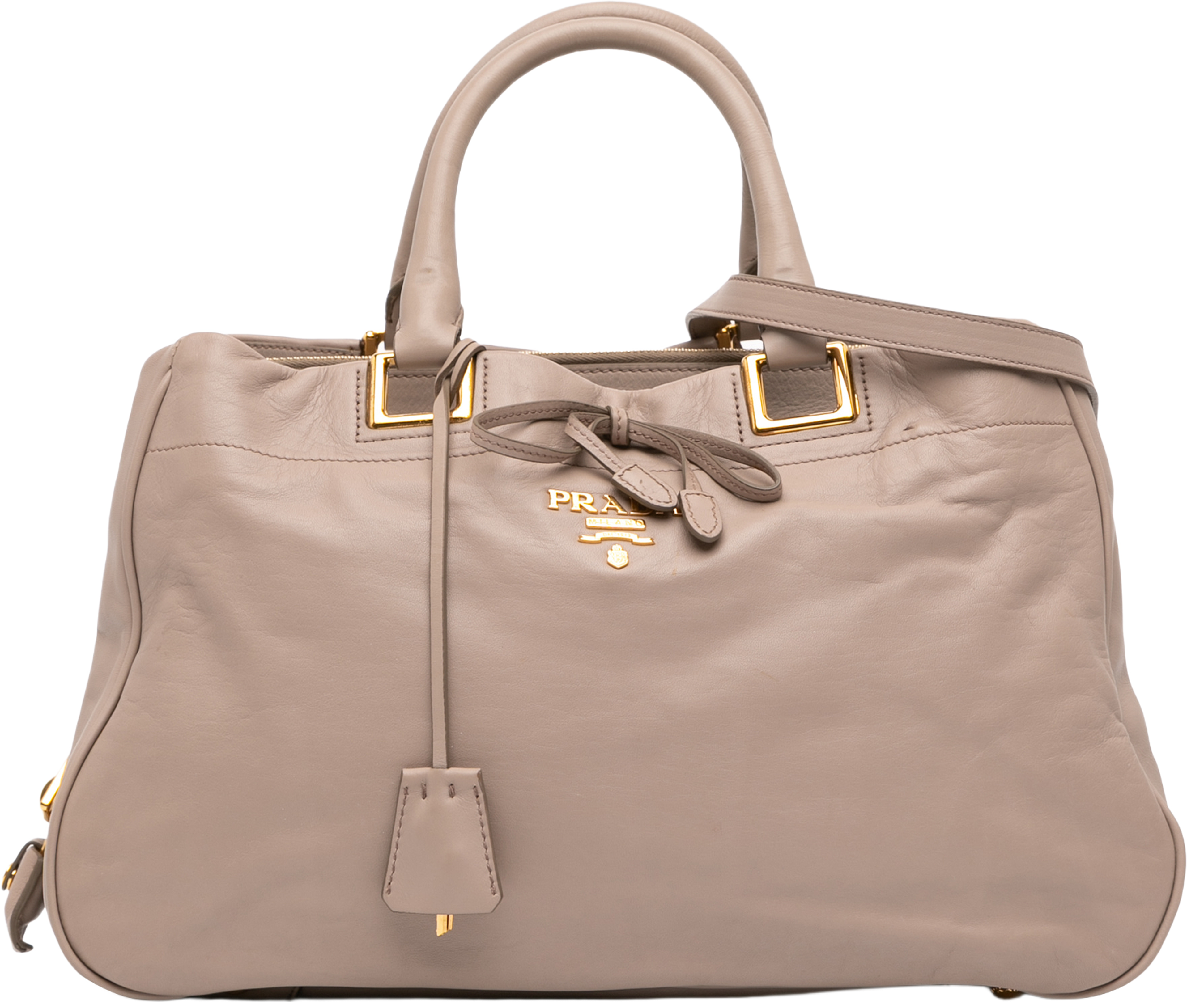 Prada Vitello Bow Satchel, från Luxclusif, i färgen beige. Klicka för att öppna bilden i stort format