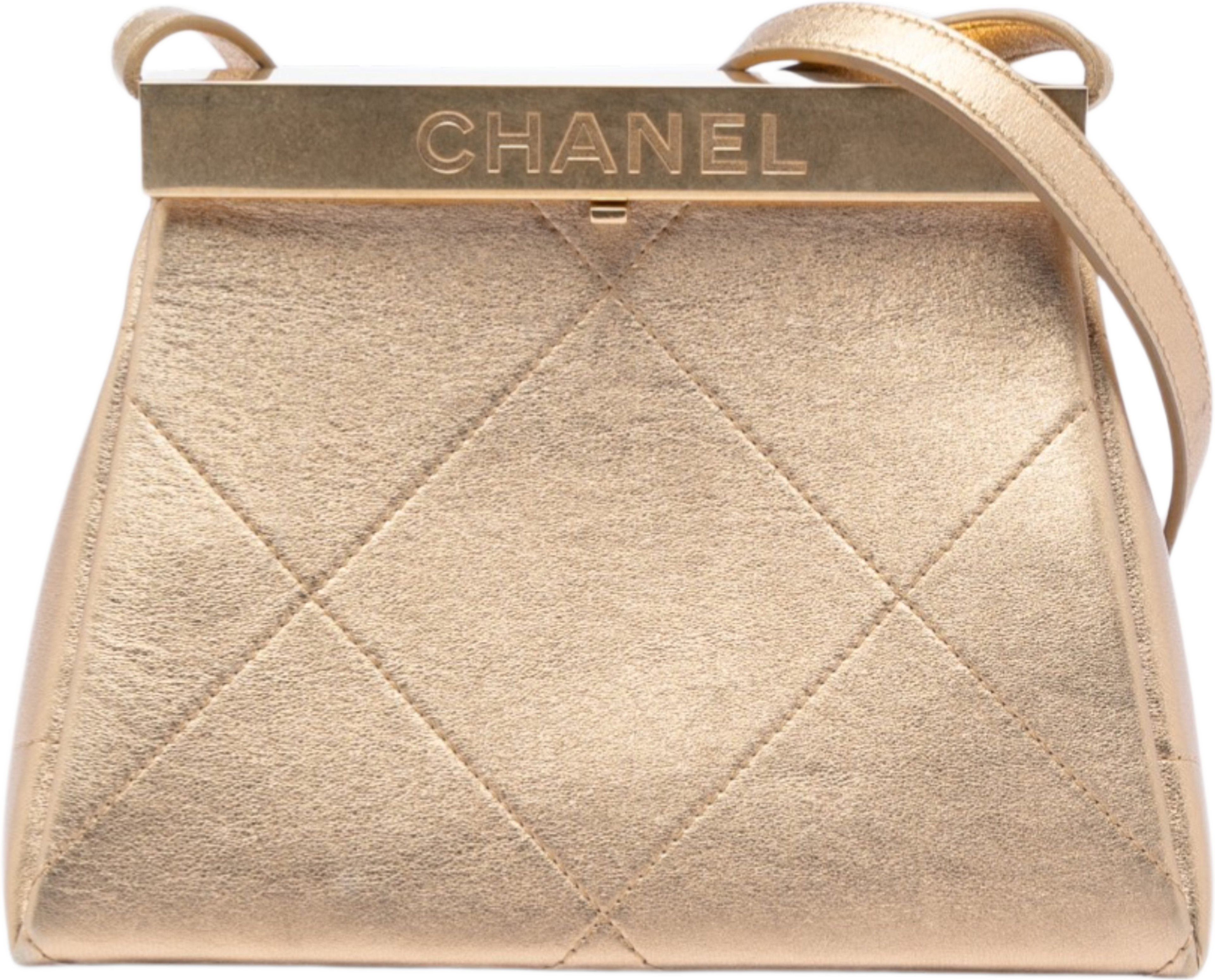 Chanel Small Calfskin Kiss Lock Frame Bag, från Luxclusif, i färgen gold. Klicka för att öppna bilden i stort format
