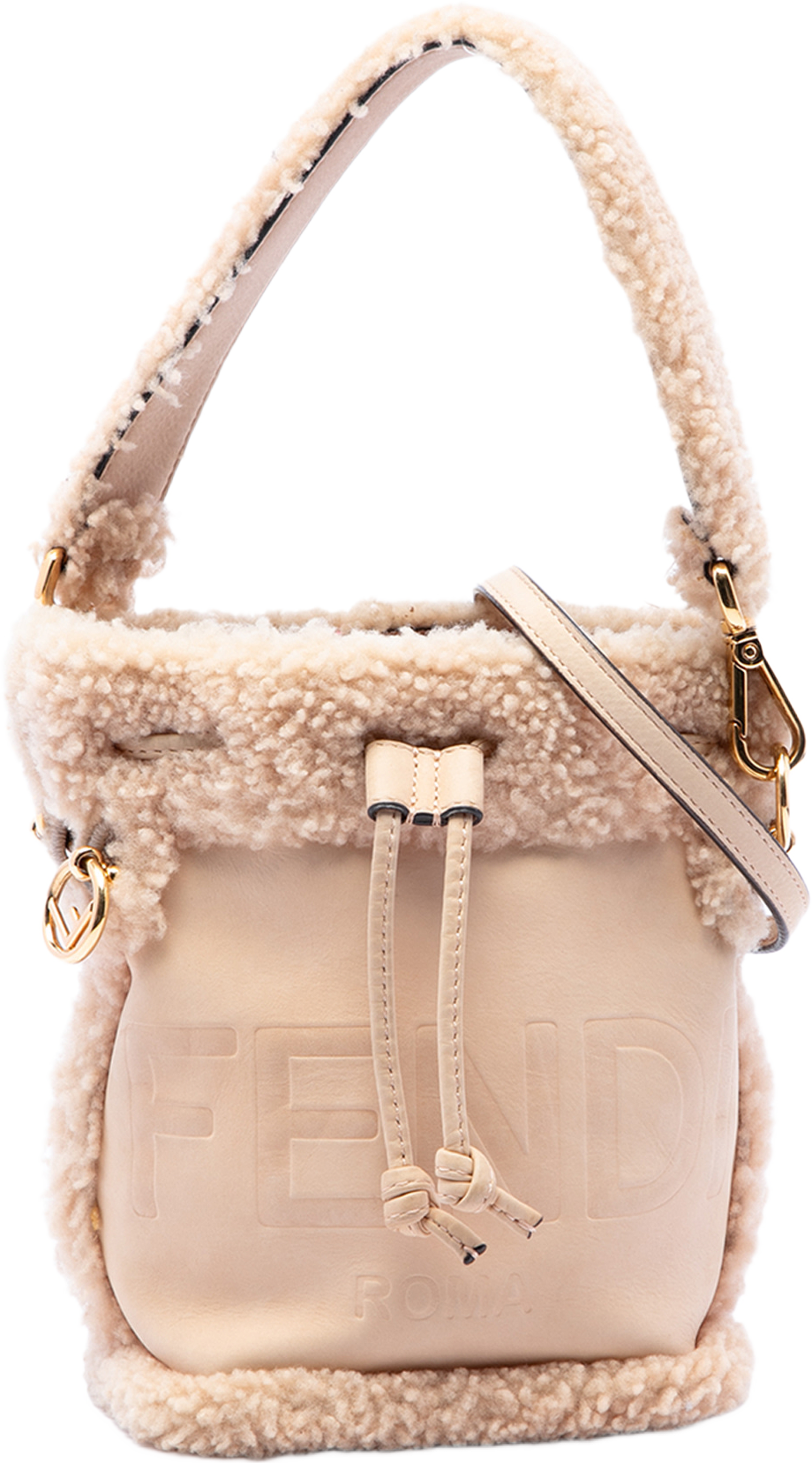 Fendi Mini Shearling Trimmed Leather Mon Tresor Bucket Bag, från Luxclusif, i färgen brun. Klicka för att öppna bilden i stort format