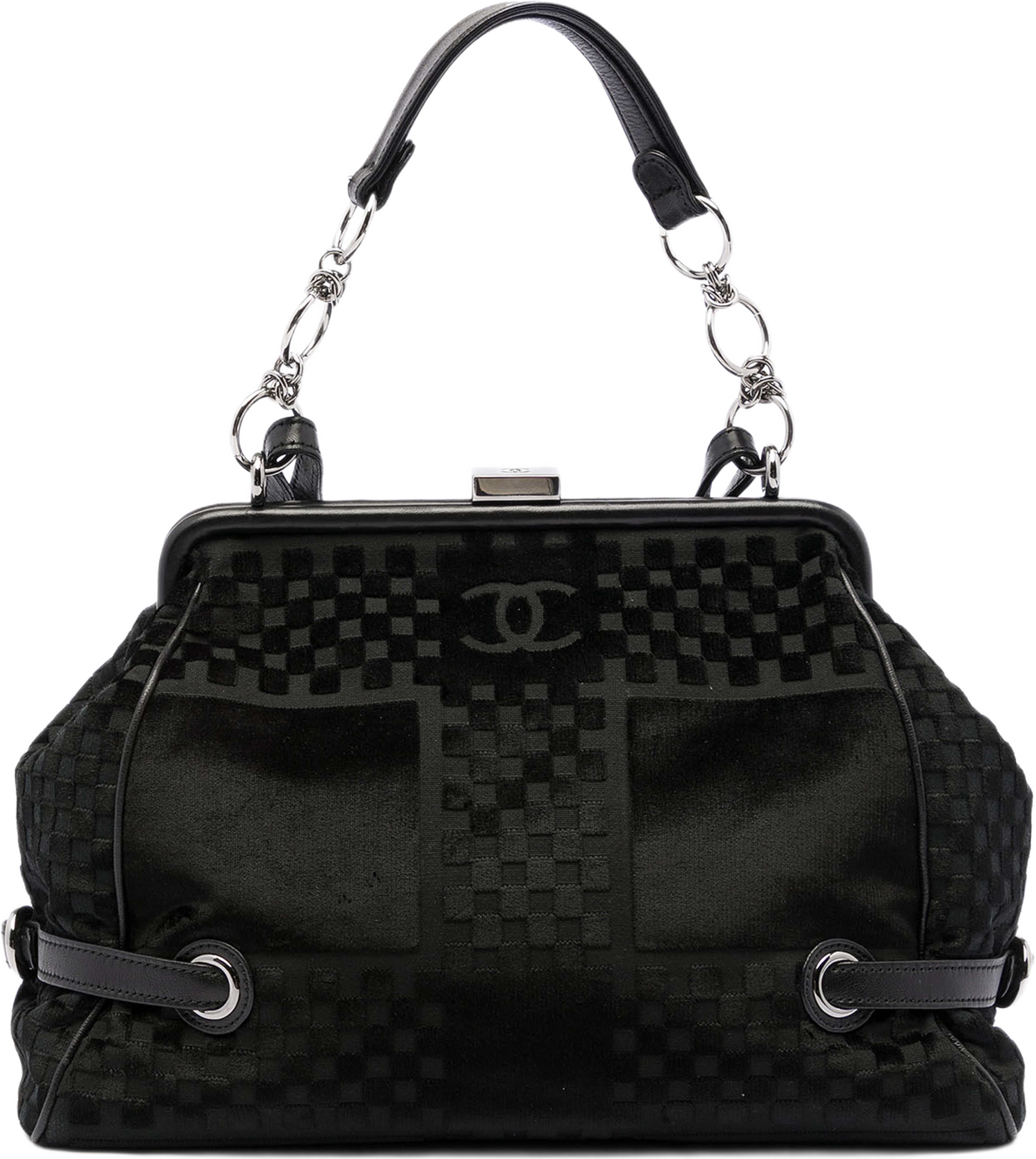 Chanel Cc Check Embossed Velvet Belted Side Frame Bag, från Luxclusif, i färgen black. Klicka för att öppna bilden i stort format