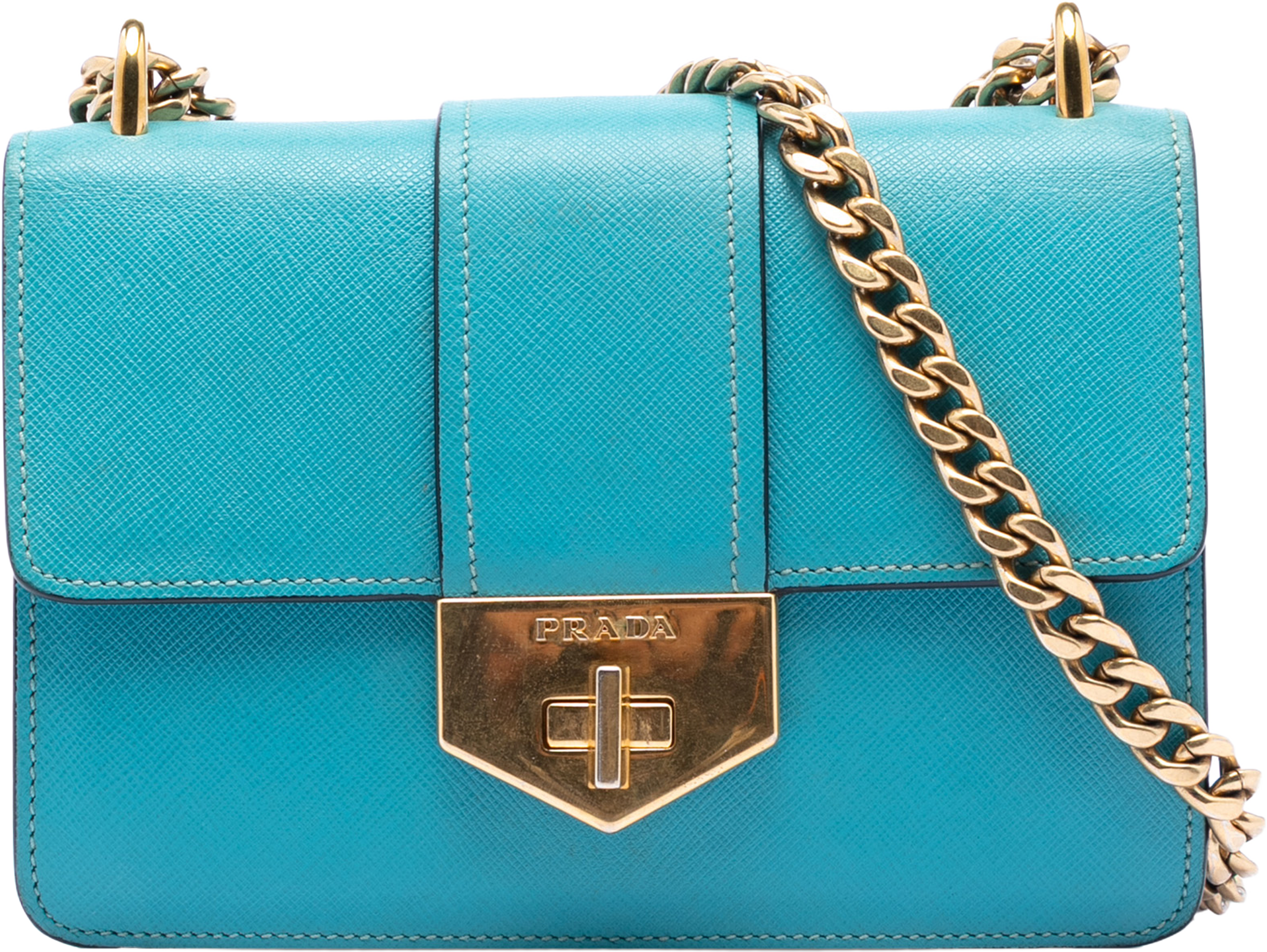 Prada Saffiano Lux Turnlock Chain Crossbody, från Luxclusif, i färgen turquoise. Klicka för att öppna bilden i stort format