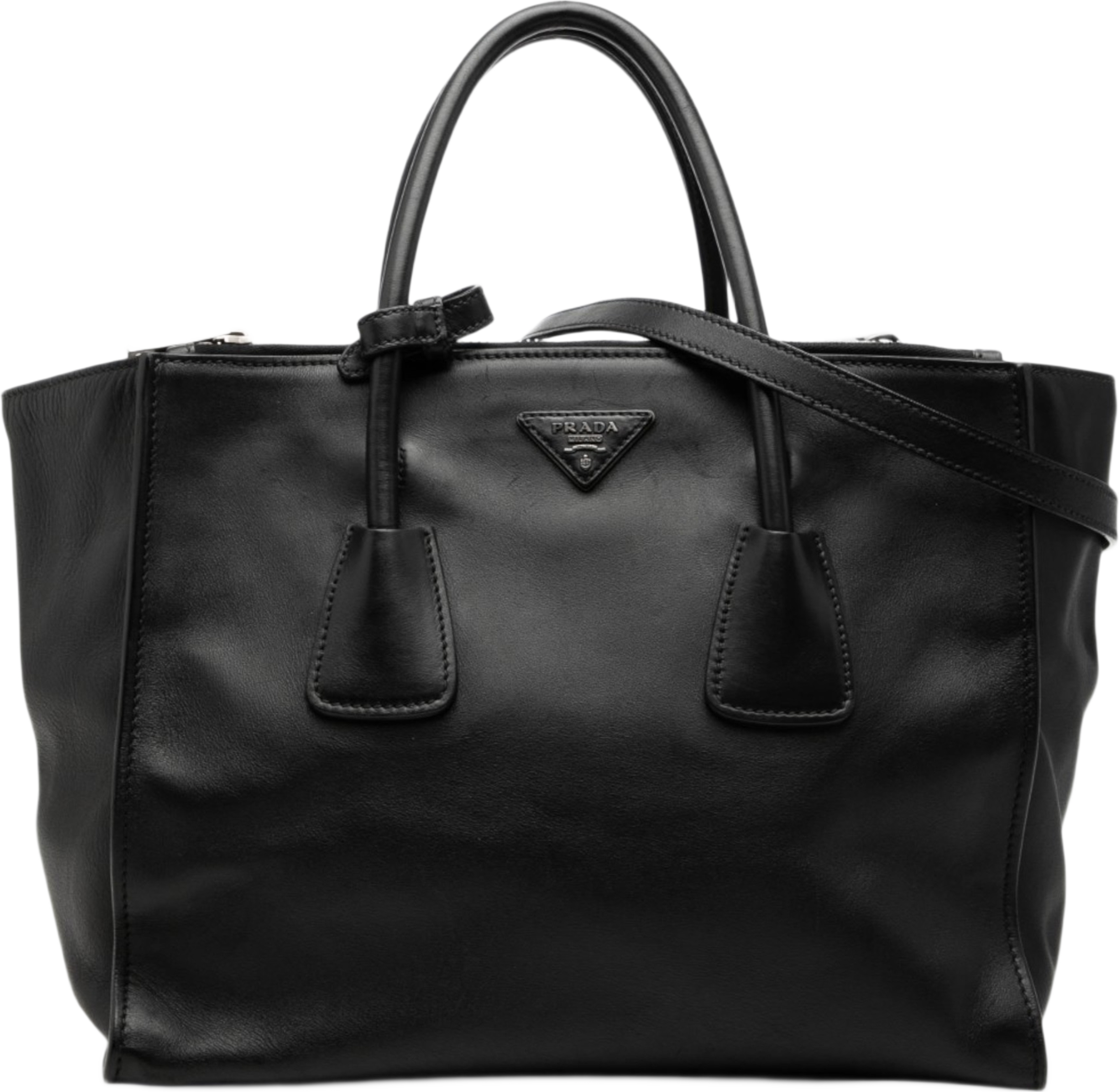 Prada Glace Calf Twin Pocket Double Handle Satchel, från Luxclusif, i färgen black. Klicka för att öppna bilden i stort format