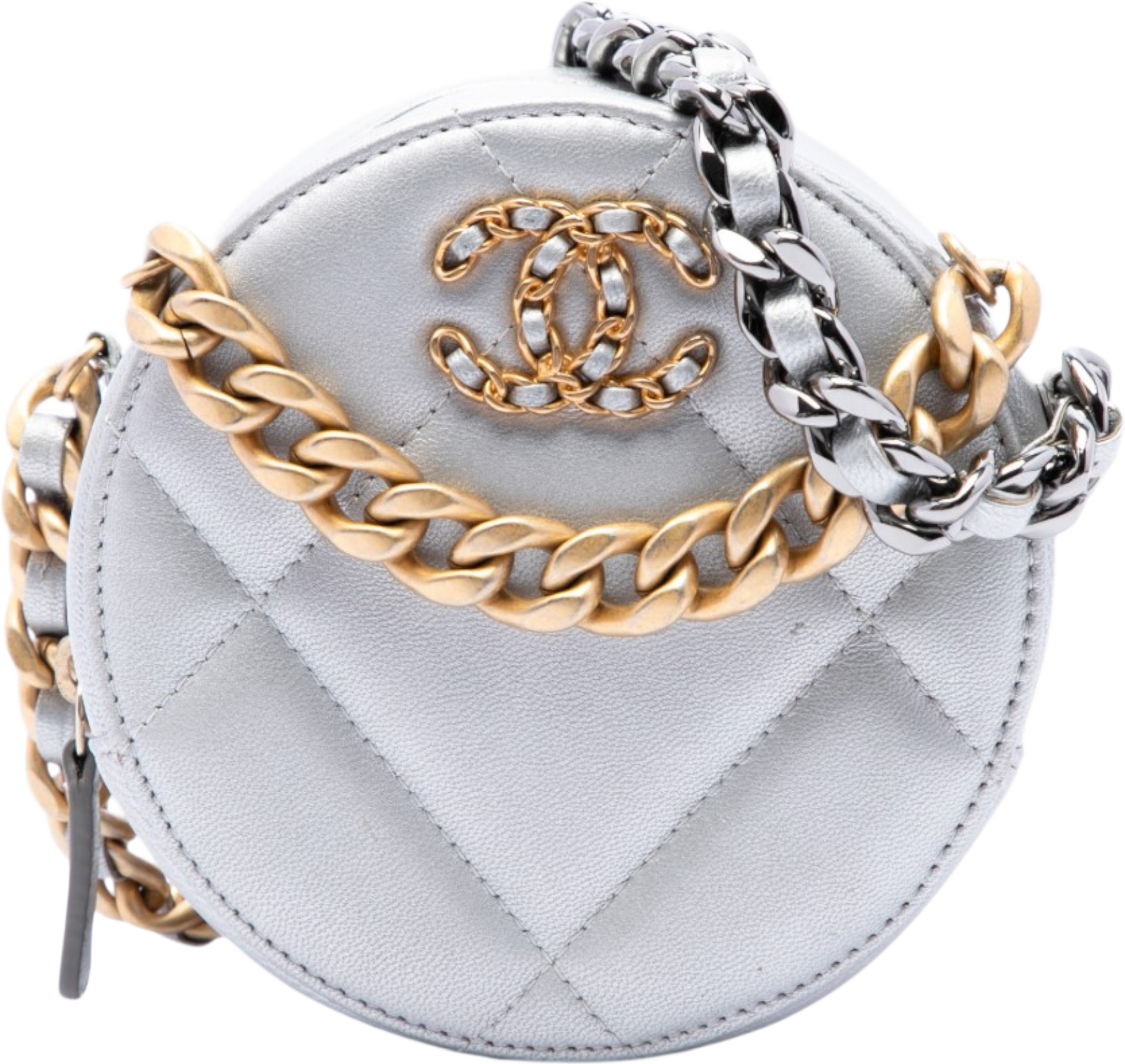 Chanel Metallic Lambskin 19 Round Clutch With Chain, från Luxclusif, i färgen silver. Klicka för att öppna bilden i stort format
