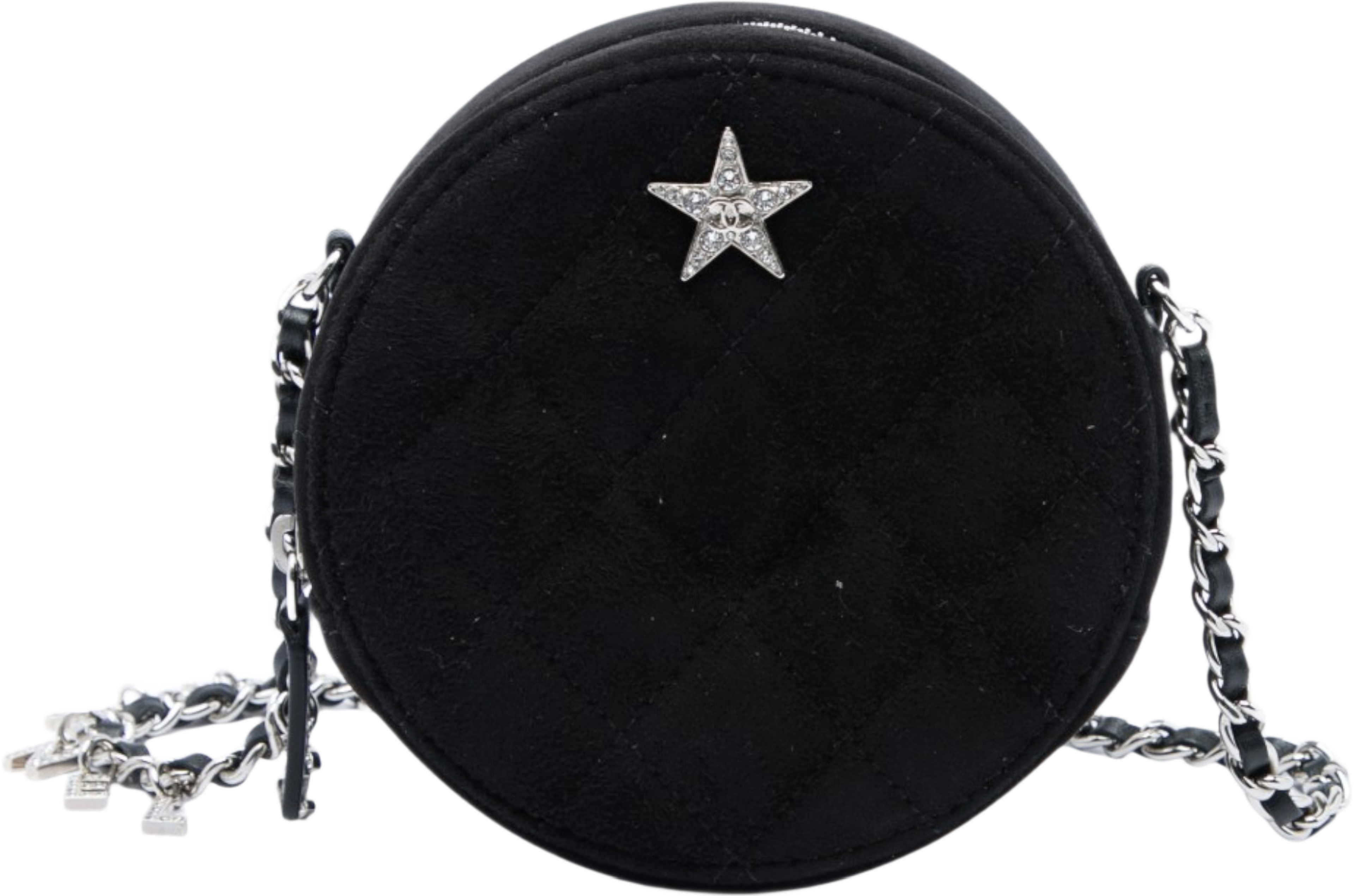 Chanel Quilted Suede Cocostellar Round Clutch With Chain, från Luxclusif, i färgen svart. Klicka för att öppna bilden i stort format