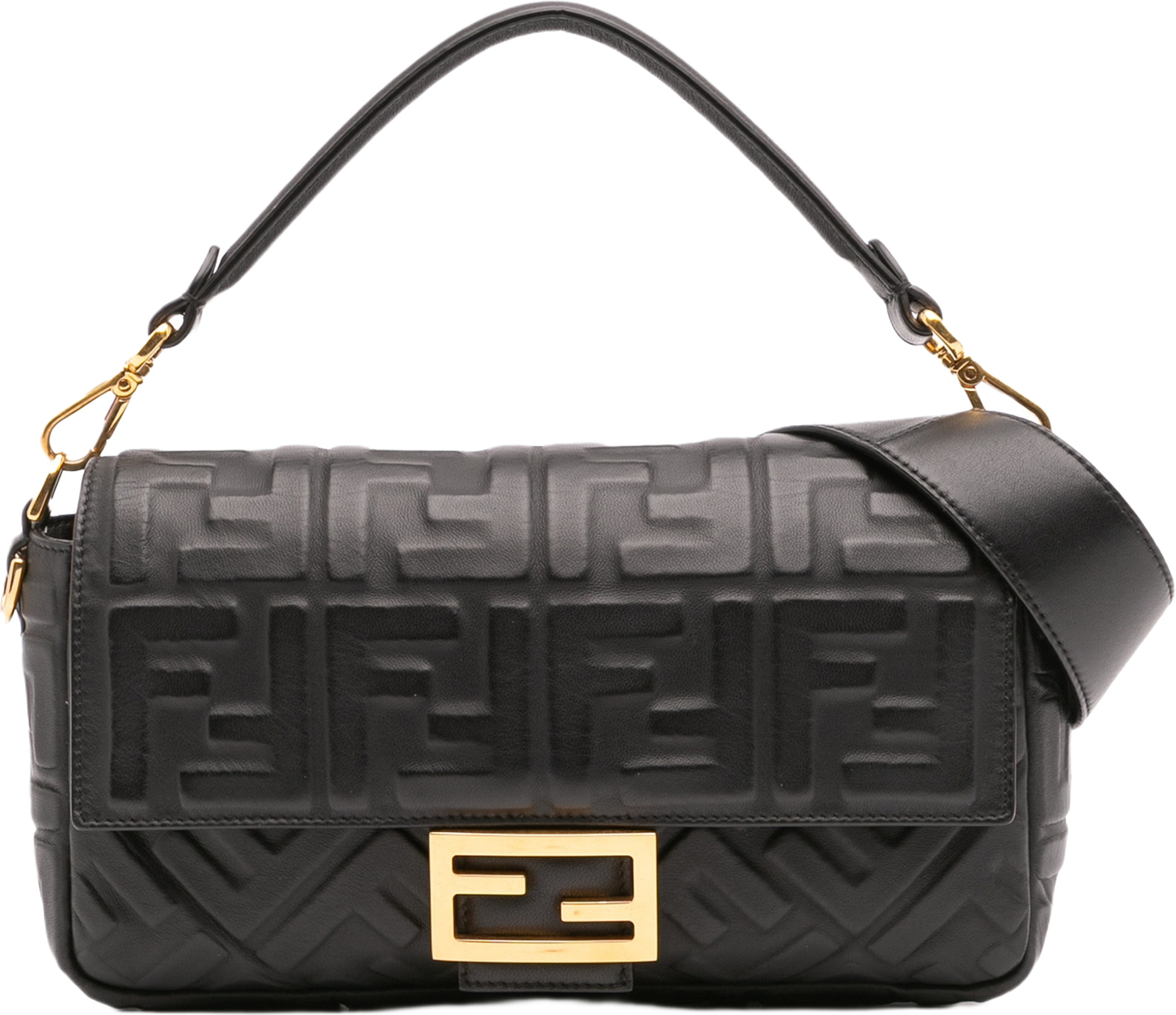 Fendi Zucca Embossed Leather Baguette Satchel, från Luxclusif, i färgen black. Klicka för att öppna bilden i stort format