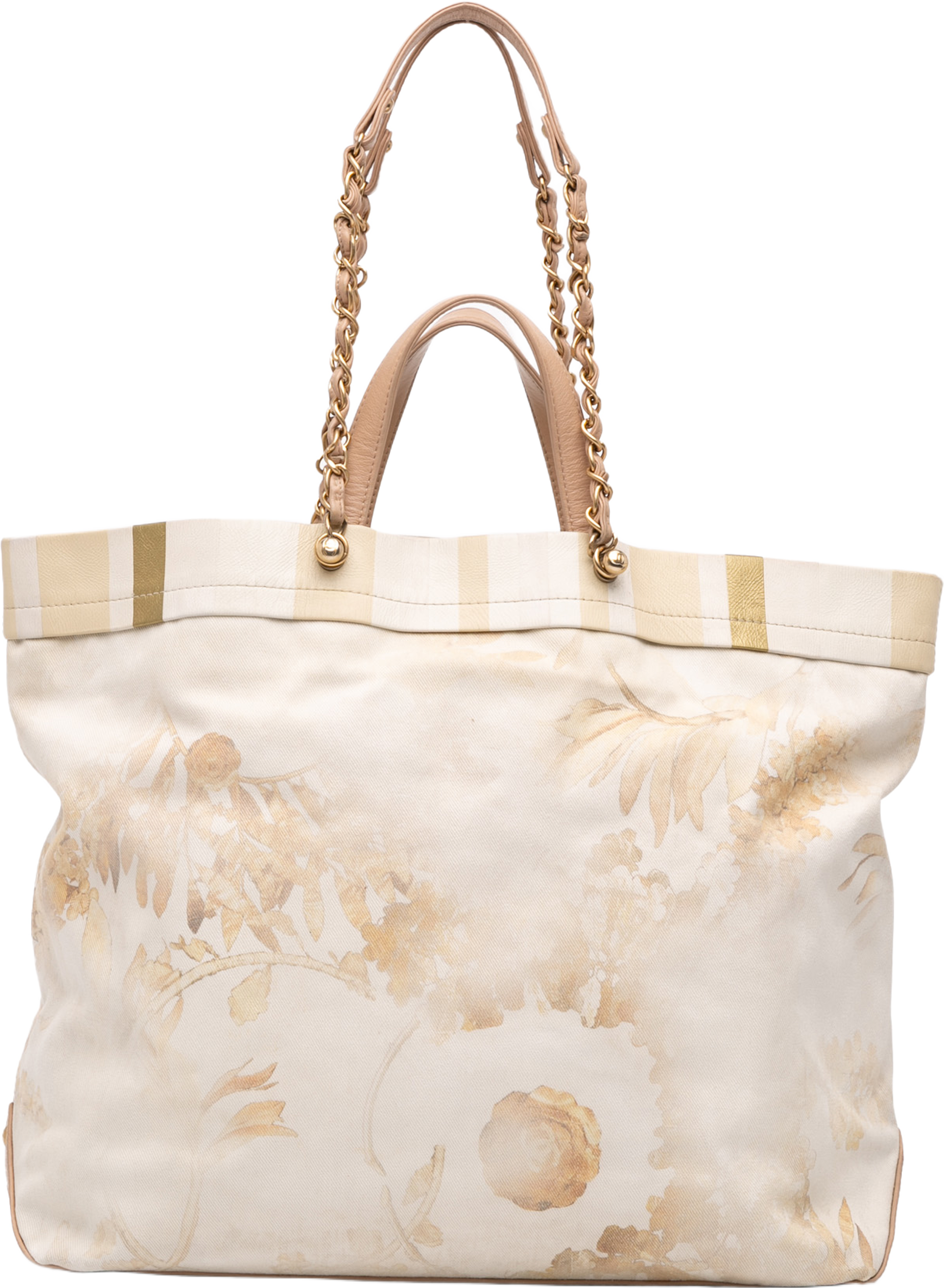Chanel Canvas Floral Shopping Tote, från Luxclusif, i färgen beige. Klicka för att öppna bilden i stort format