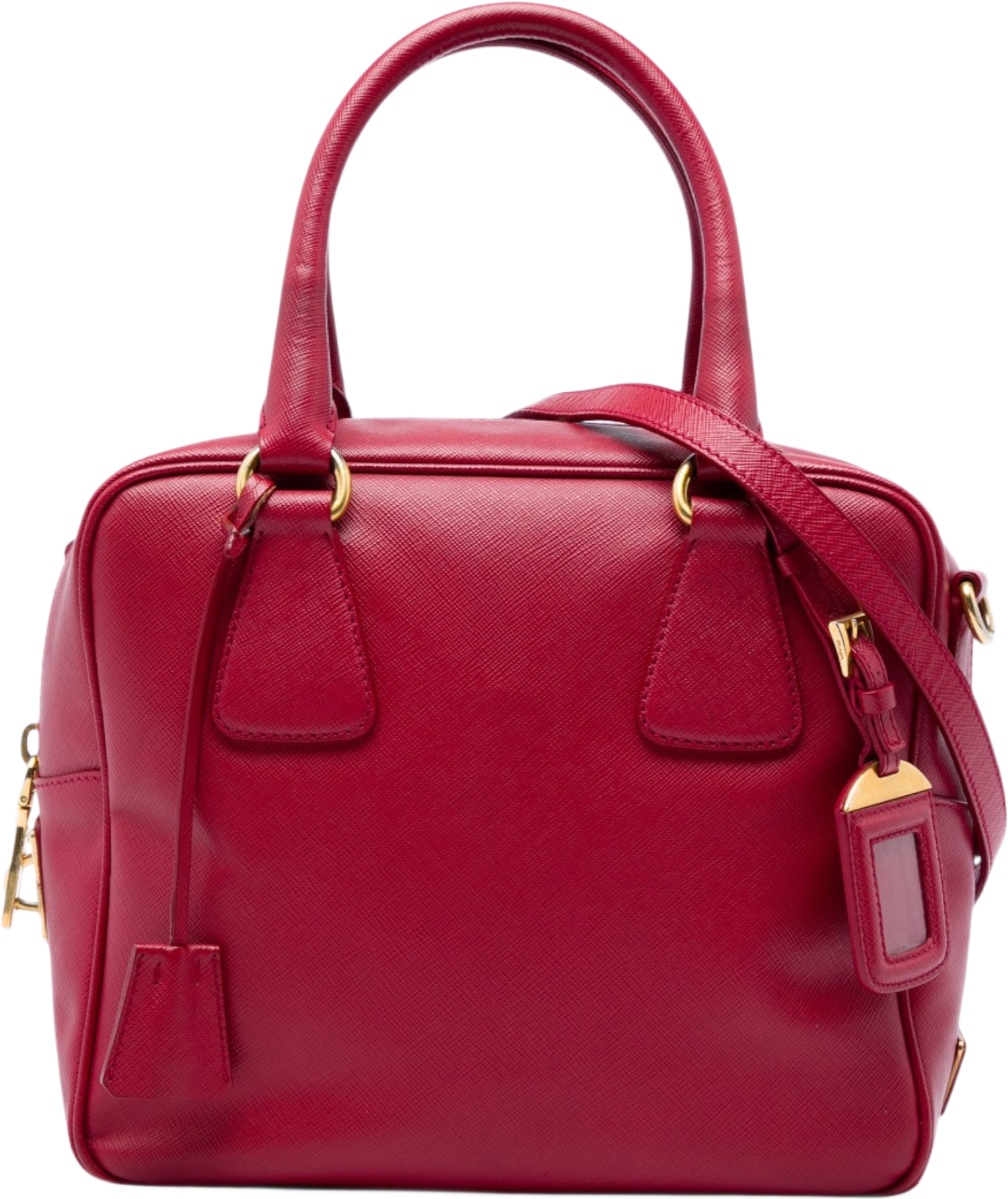 Prada Small Saffiano Square Bauletto Satchel, från Luxclusif, i färgen röd. Klicka för att öppna bilden i stort format