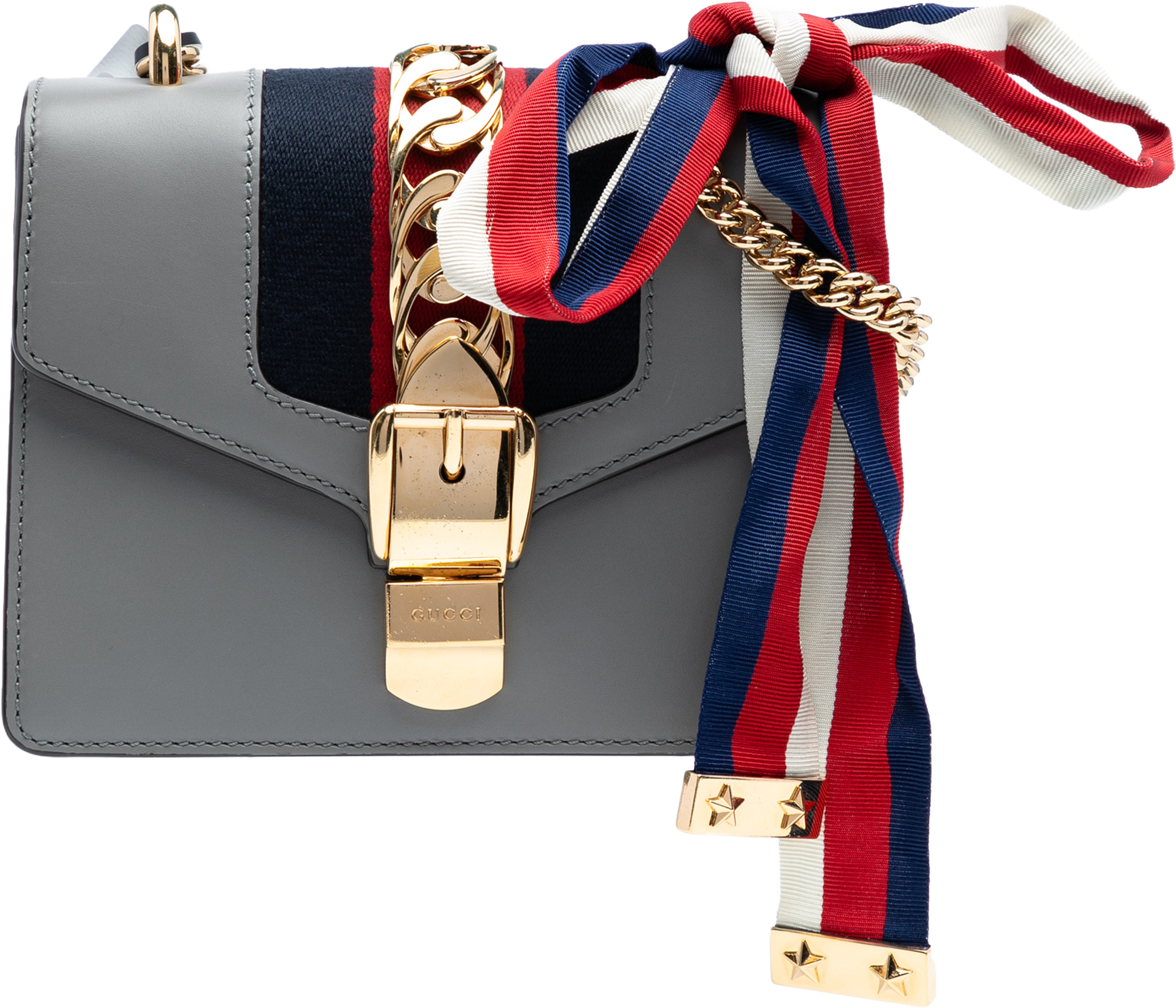 Gucci Mini Leather Web Sylvie Chain Crossbody, från Luxclusif, i färgen gray. Klicka för att öppna bilden i stort format