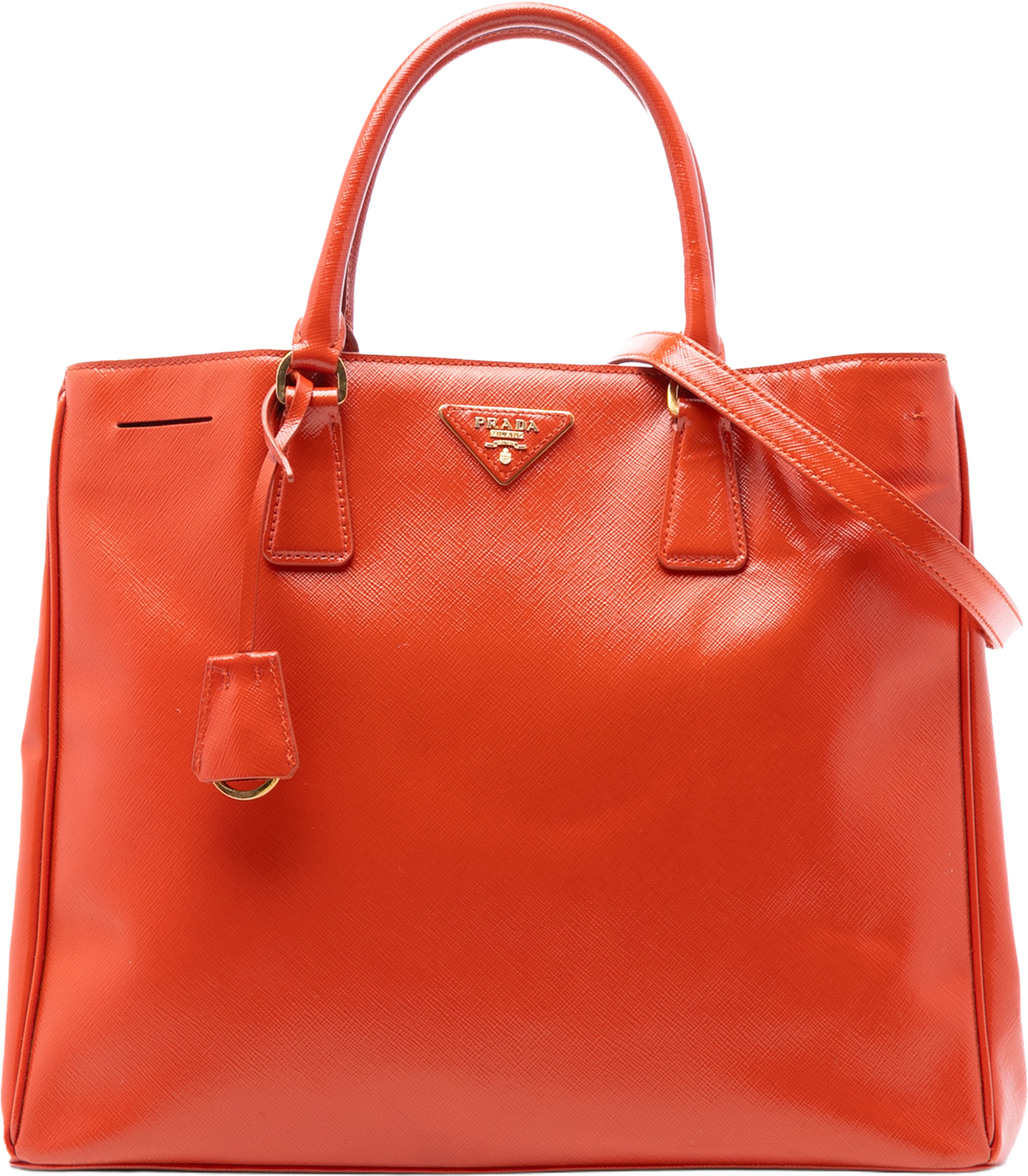 Prada Large Saffiano Vernice Galleria Satchel, från Luxclusif, i färgen dark orange. Klicka för att öppna bilden i stort format