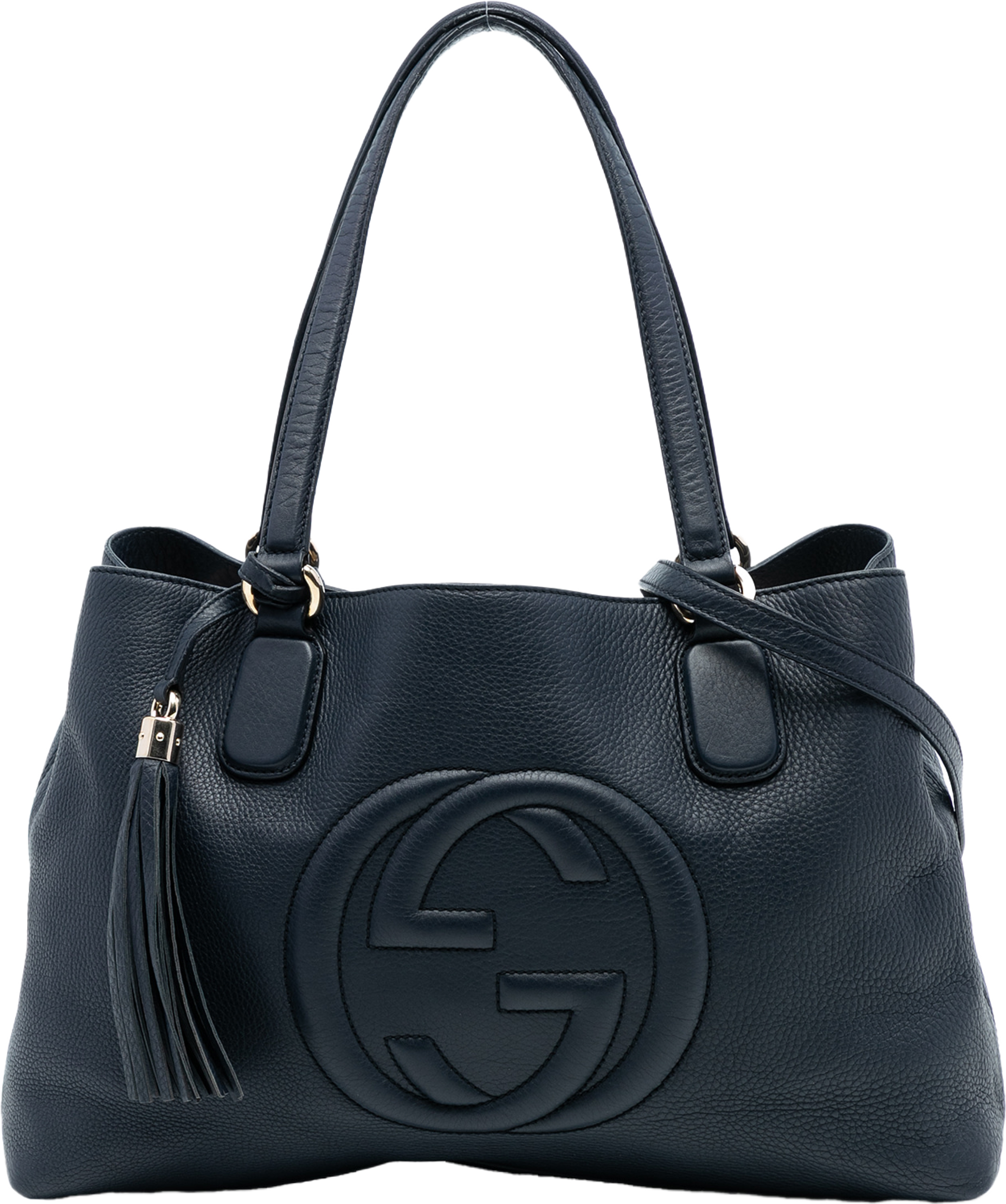 Gucci Medium Pebbled Calfskin Soho Working Satchel, från Luxclusif, i färgen navy. Klicka för att öppna bilden i stort format