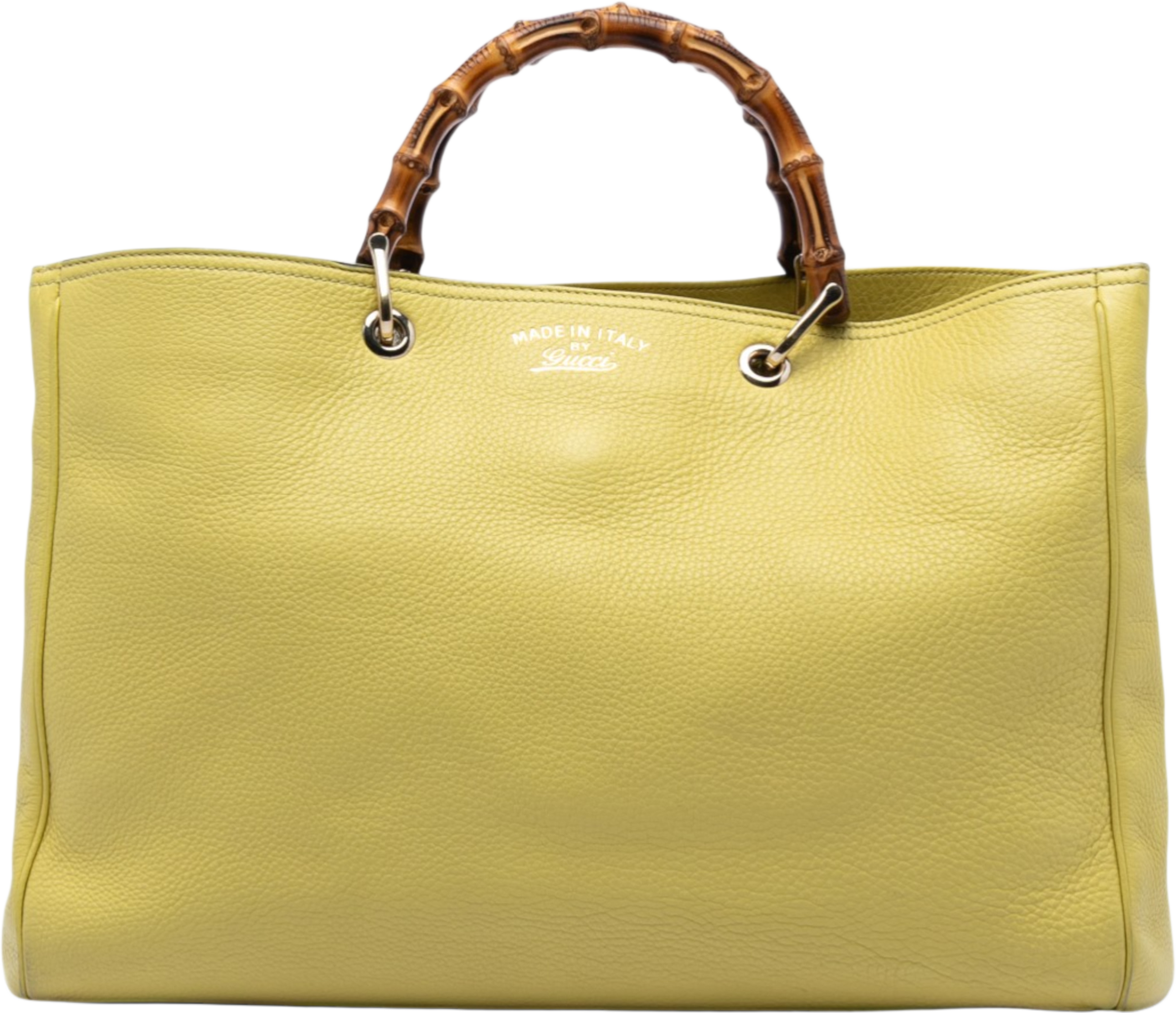 Gucci Large Calfskin Bamboo Shopper Satchel, från Luxclusif, i färgen yellow. Klicka för att öppna bilden i stort format