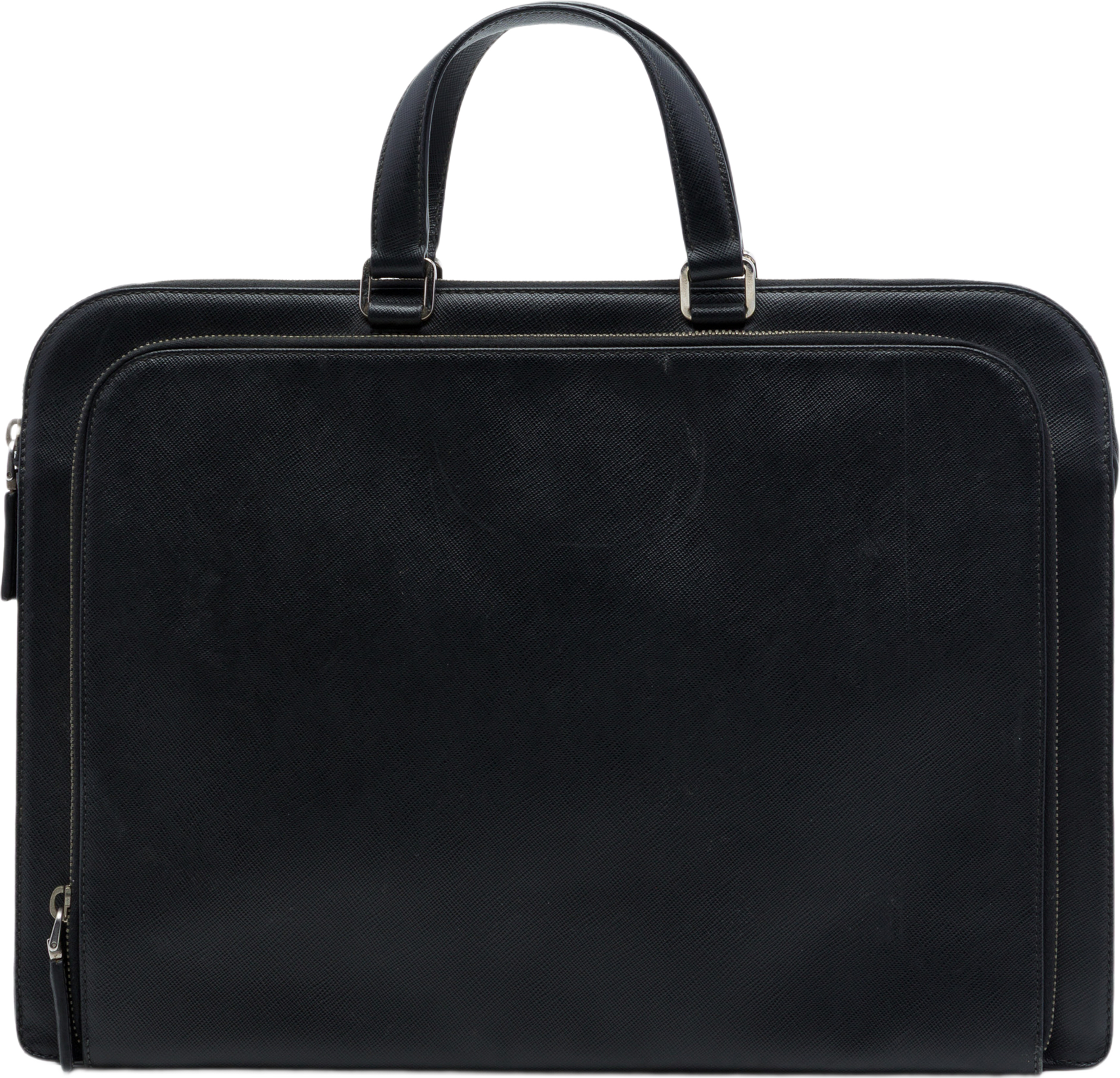 Prada Saffiano Cuir Travel Front Zip Pocket Briefcase, från Luxclusif, i färgen svart. Klicka för att öppna bilden i stort format