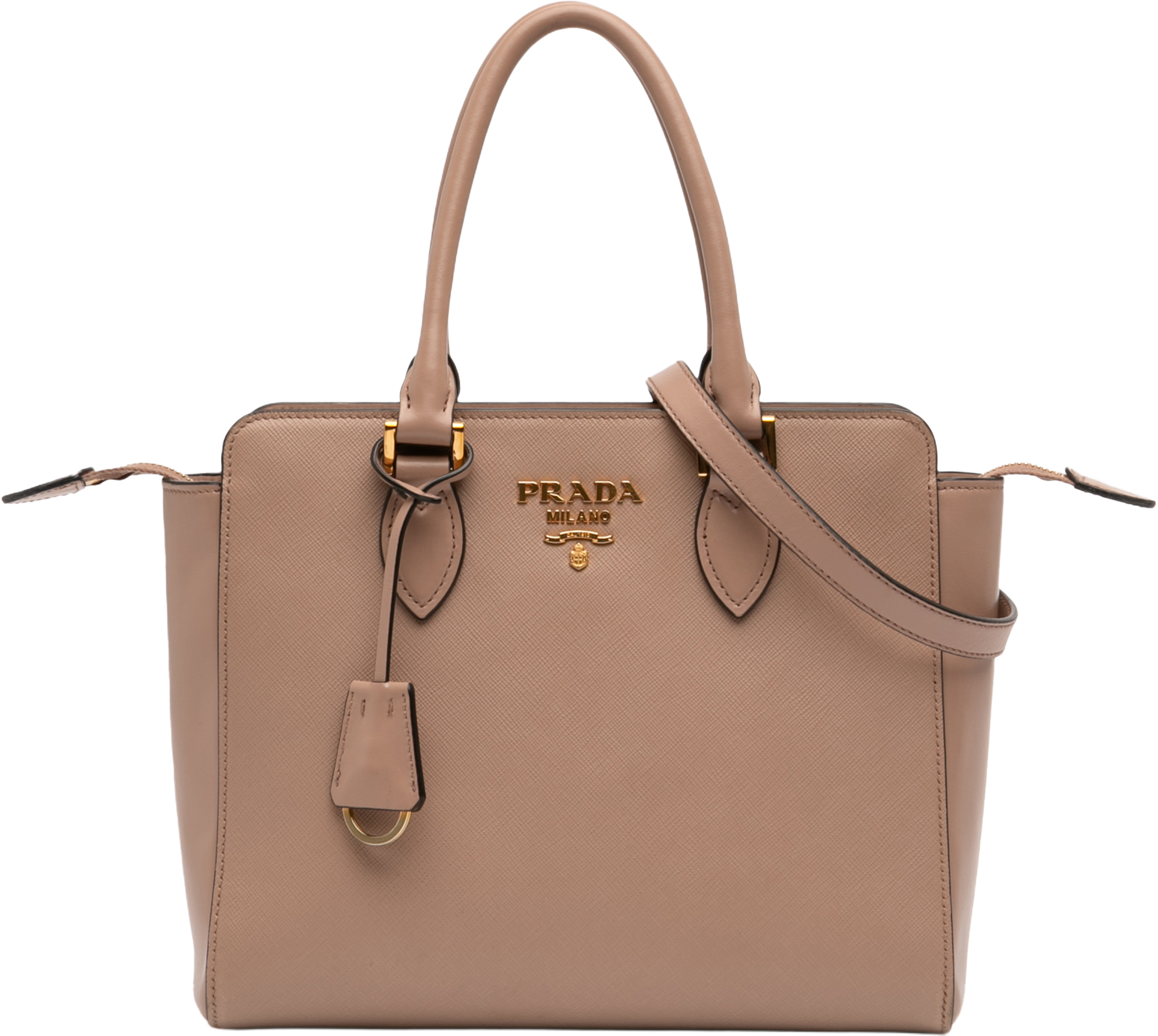 Prada Soft Calf Trimmed Saffiano Lux Zip Convertible Tote, från Luxclusif, i färgen light brown. Klicka för att öppna bilden i stort format
