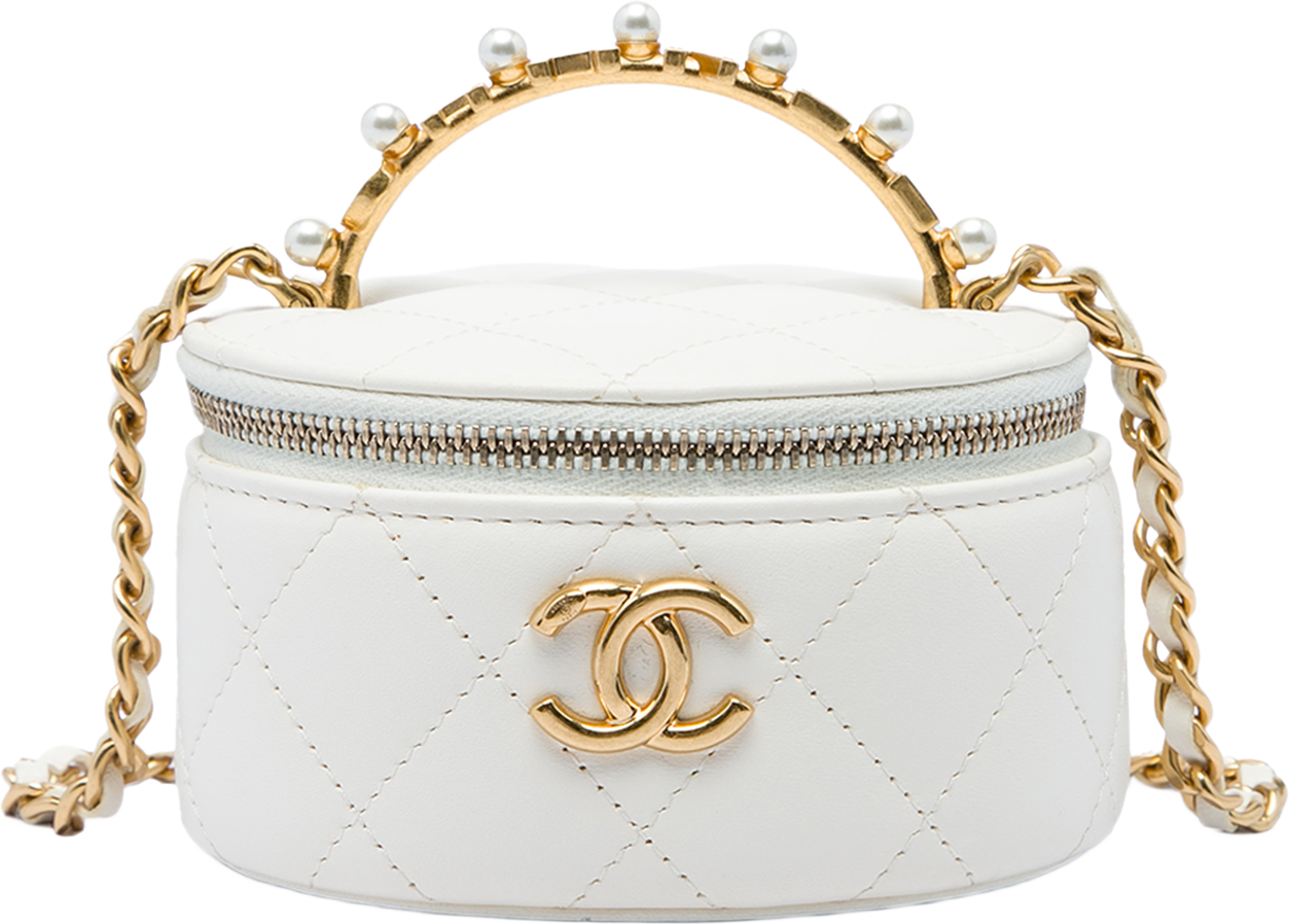 Chanel Cc Quilted Lambskin Crystal Pearly Girl Round Top Handle Vanity Case With Chain, från Luxclusif, i färgen vit. Klicka för att öppna bilden i stort format