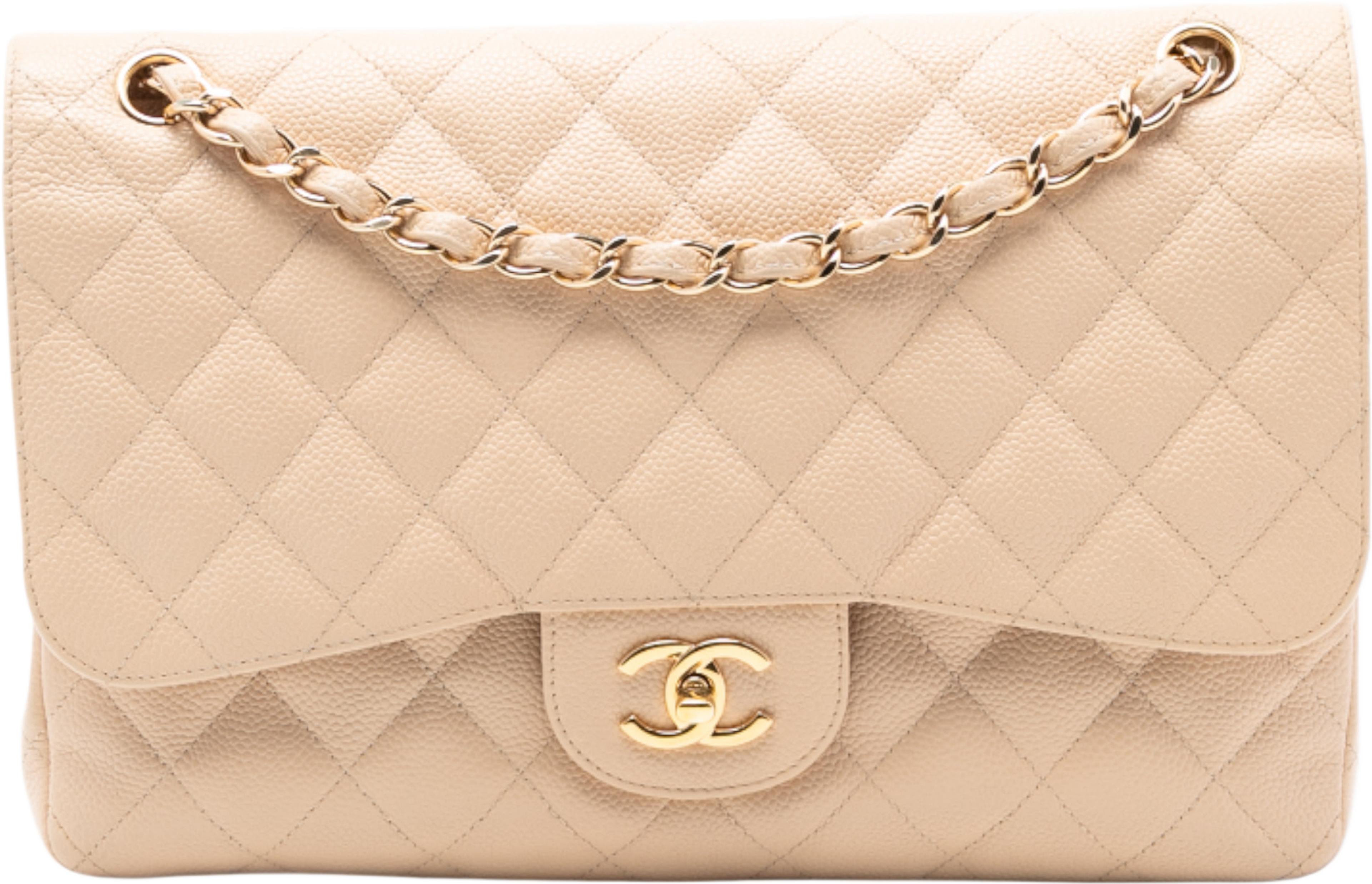 Chanel Jumbo Classic Caviar Double Flap, från Luxclusif, i färgen light beige. Klicka för att öppna bilden i stort format