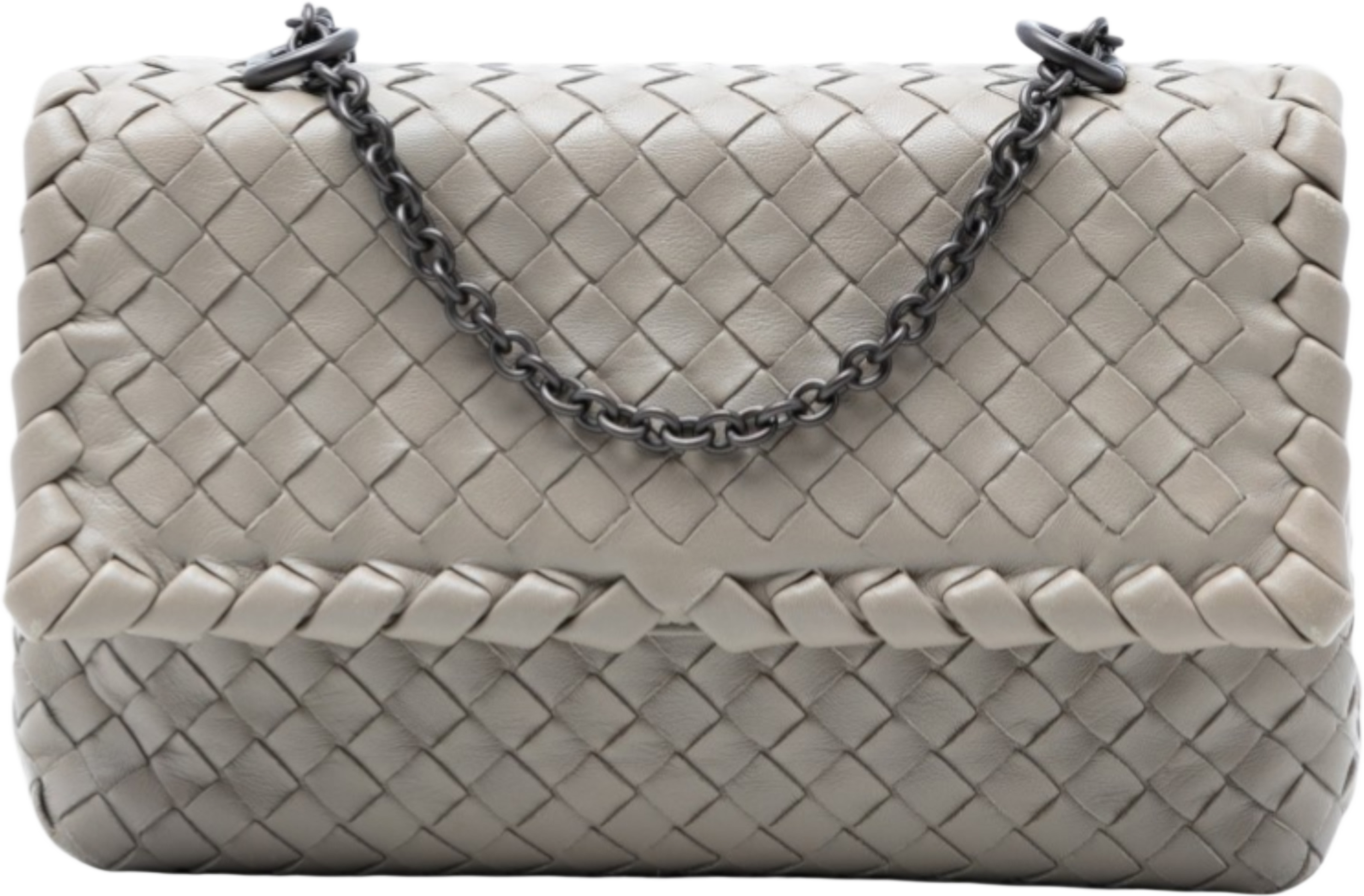 Bottega Veneta Baby Nappa Intrecciato Olimpia Crossbody, från Luxclusif, i färgen taupe. Klicka för att öppna bilden i stort format