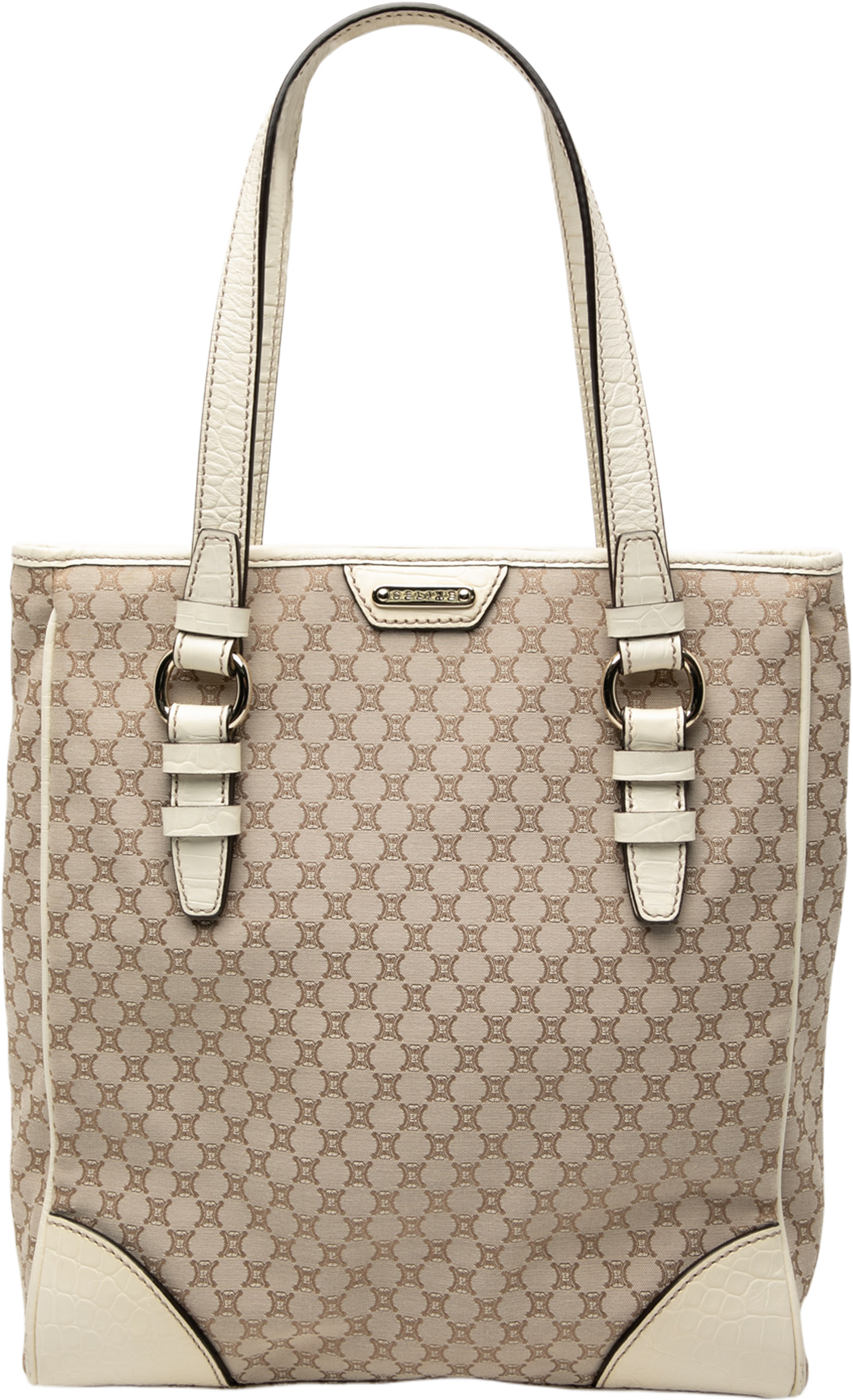 Celine Croc Embossed Leather Trimmed Macadam Canvas Tote, från Luxclusif, i färgen beige. Klicka för att öppna bilden i stort format