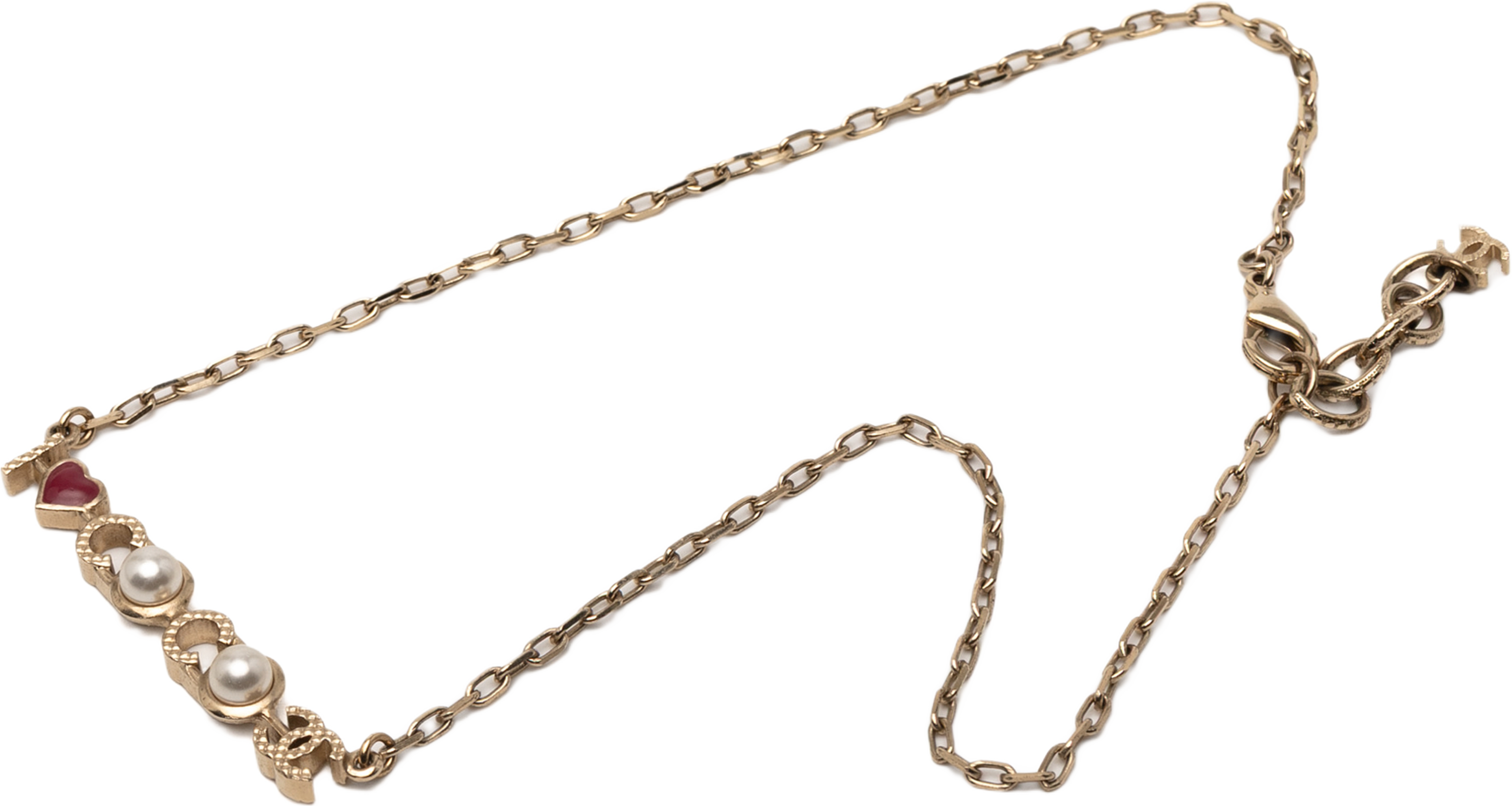 Chanel Gold Plated I Love You Coco Faux Pearl Pendant Necklace, från Luxclusif, i färgen gold. Klicka för att öppna bilden i stort format