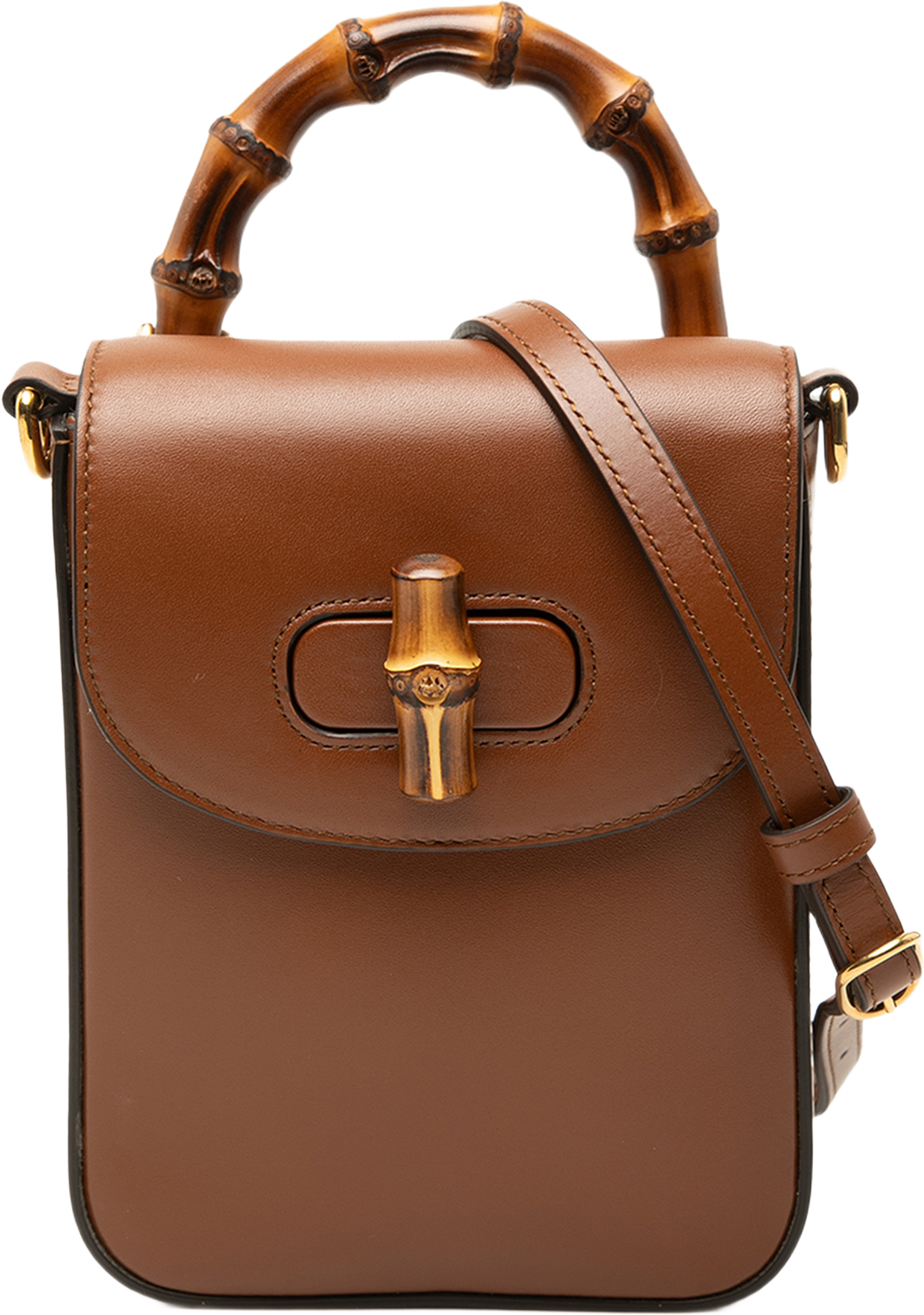Gucci Mini Calfskin Bamboo Top Handle Bag, från Luxclusif, i färgen brun. Klicka för att öppna bilden i stort format