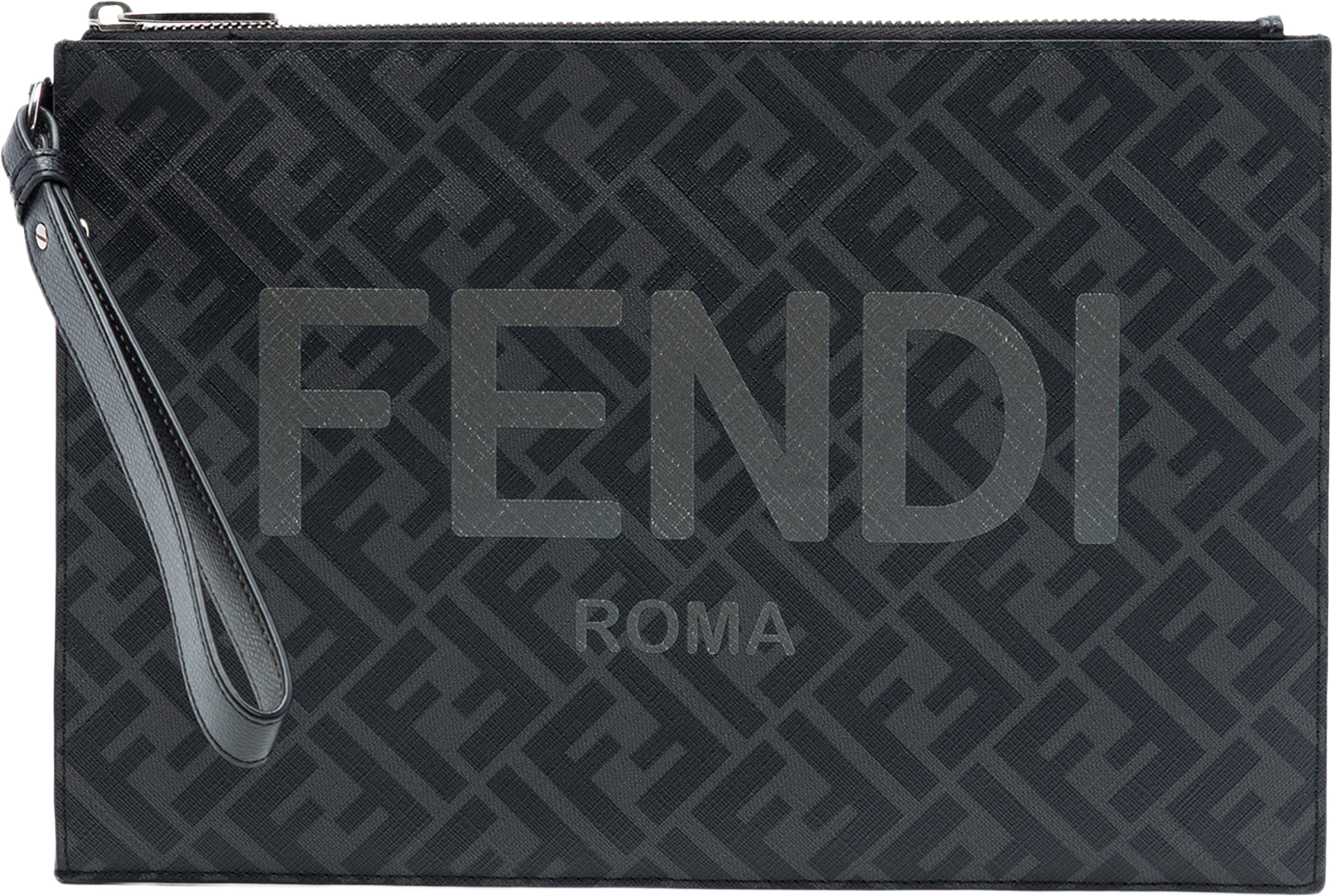 Fendi Zucca Coated Canvas Ff 1974 Diagonal Logo Flat Pouch, från Luxclusif, i färgen grå. Klicka för att öppna bilden i stort format