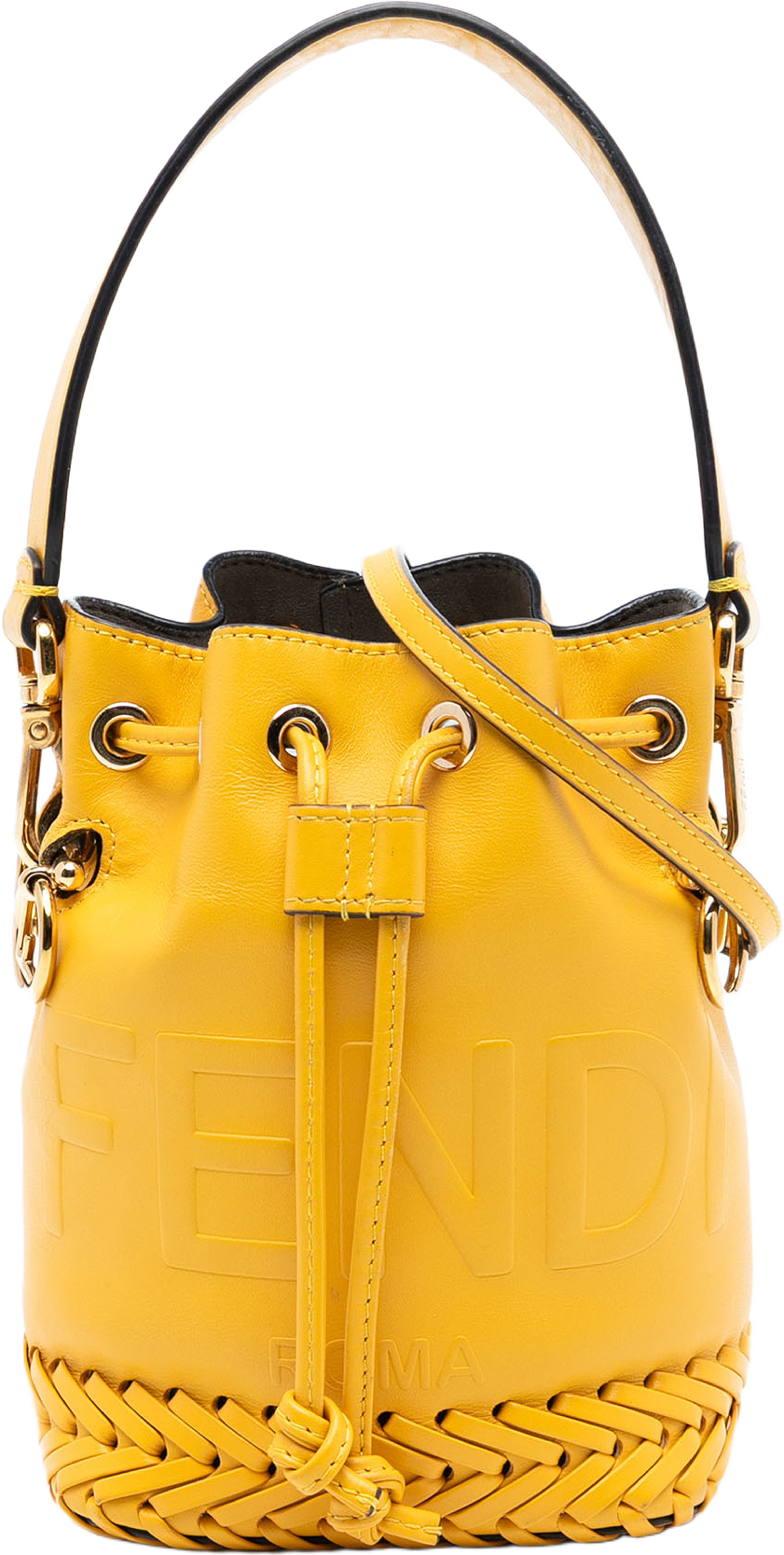 Fendi Mini Embossed Leather Whipstitch Mon Tresor Bucket Bag, från Luxclusif, i färgen yellow. Klicka för att öppna bilden i stort format