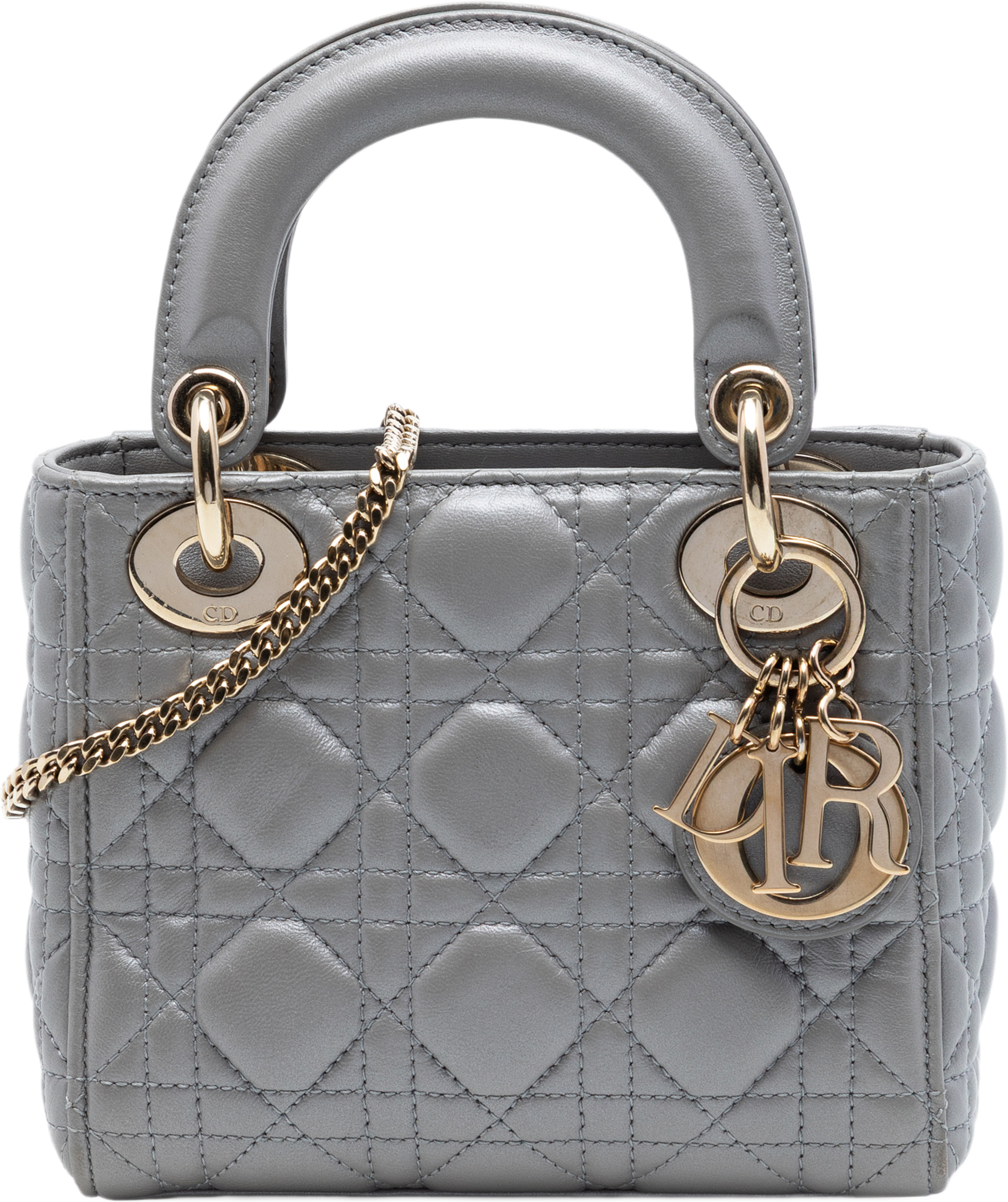 Dior Mini Metallic Lambskin Cannage Lady Dior, från Luxclusif, i färgen gray. Klicka för att öppna bilden i stort format