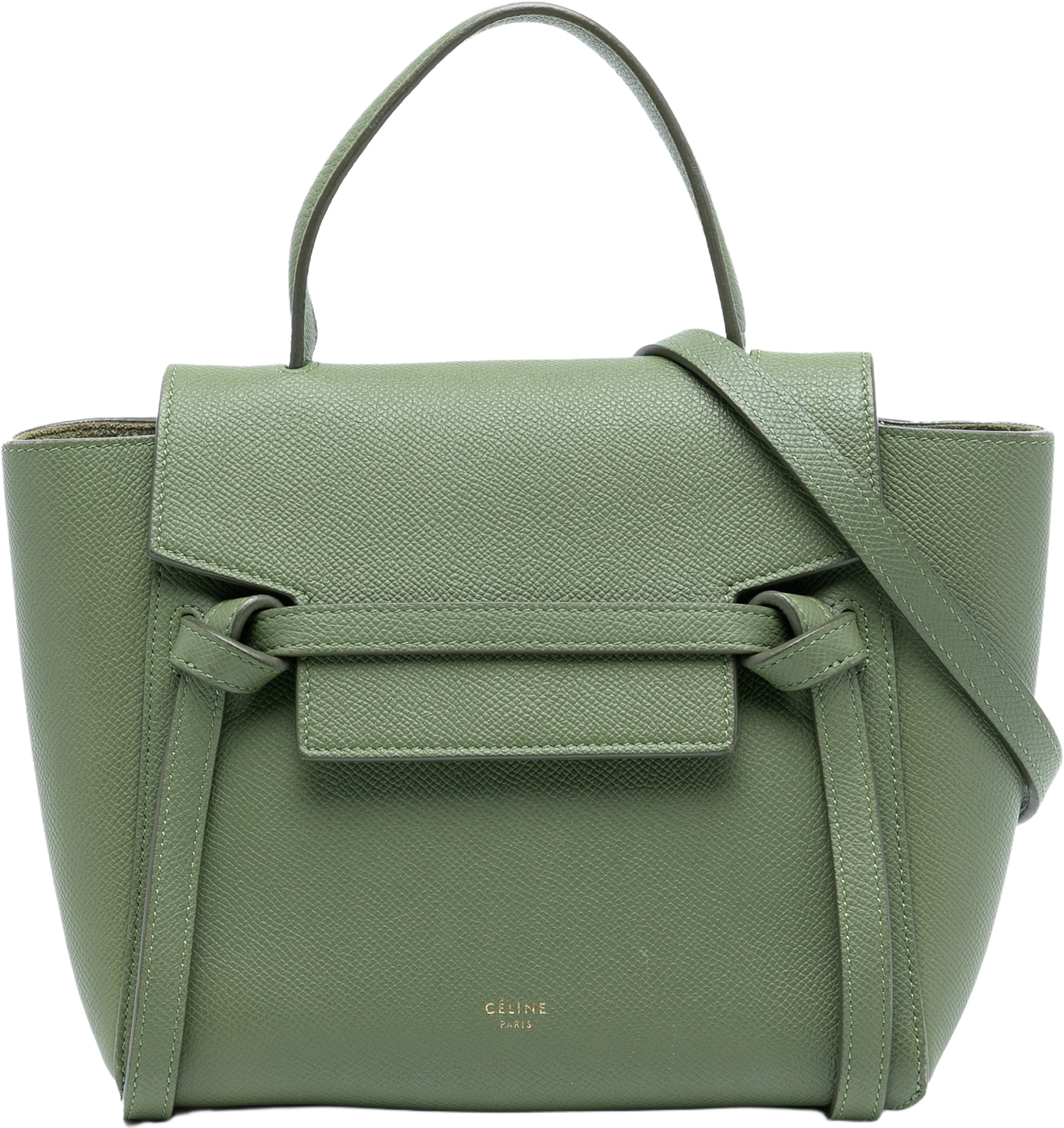 Celine Nano Grained Calfskin Belt Bag, från Luxclusif, i färgen olive green. Klicka för att öppna bilden i stort format