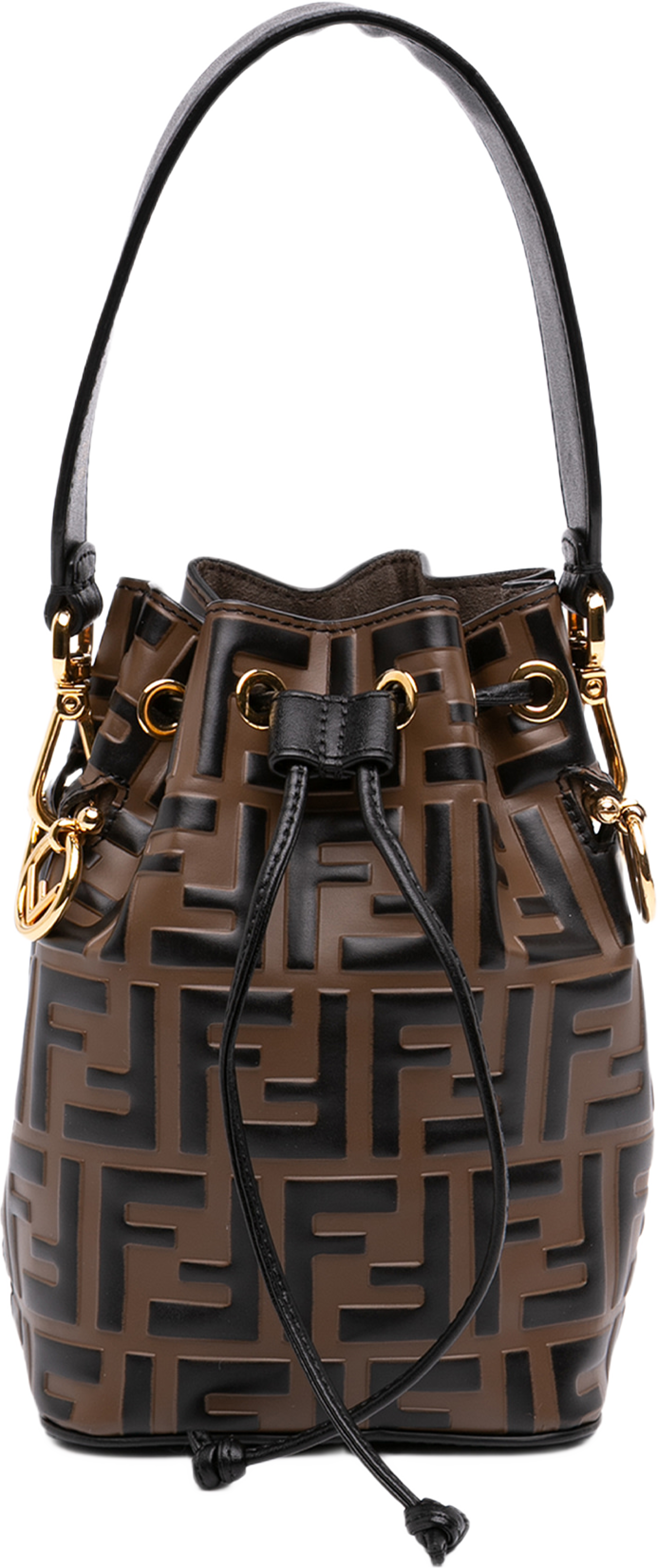 Fendi Mini Ff 1974 Embossed Leather Mon Tresor Bucket Bag, från Luxclusif, i färgen brun. Klicka för att öppna bilden i stort format