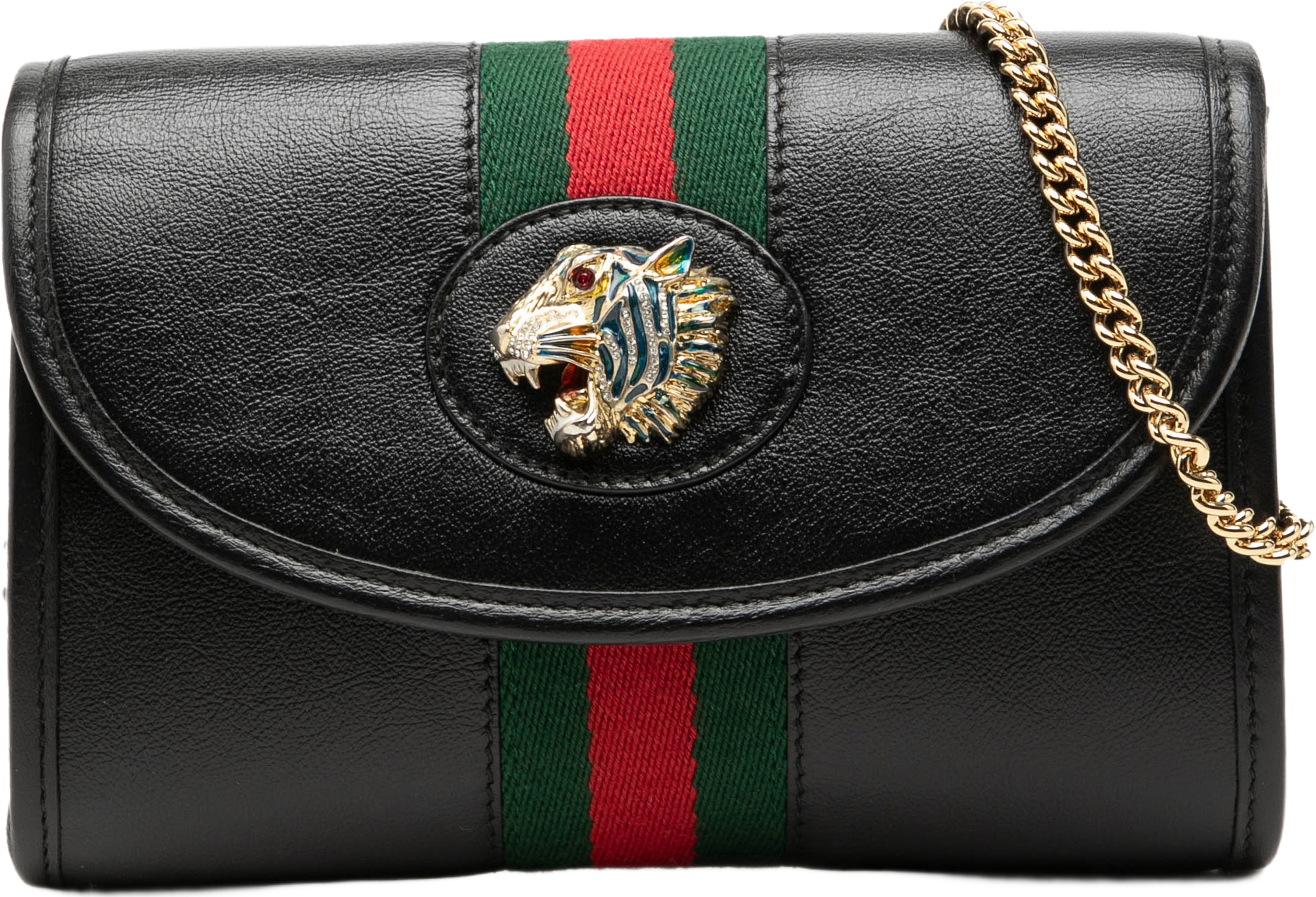 Gucci Mini Calfskin Rajah Web Chain Crossbody, från Luxclusif, i färgen svart. Klicka för att öppna bilden i stort format