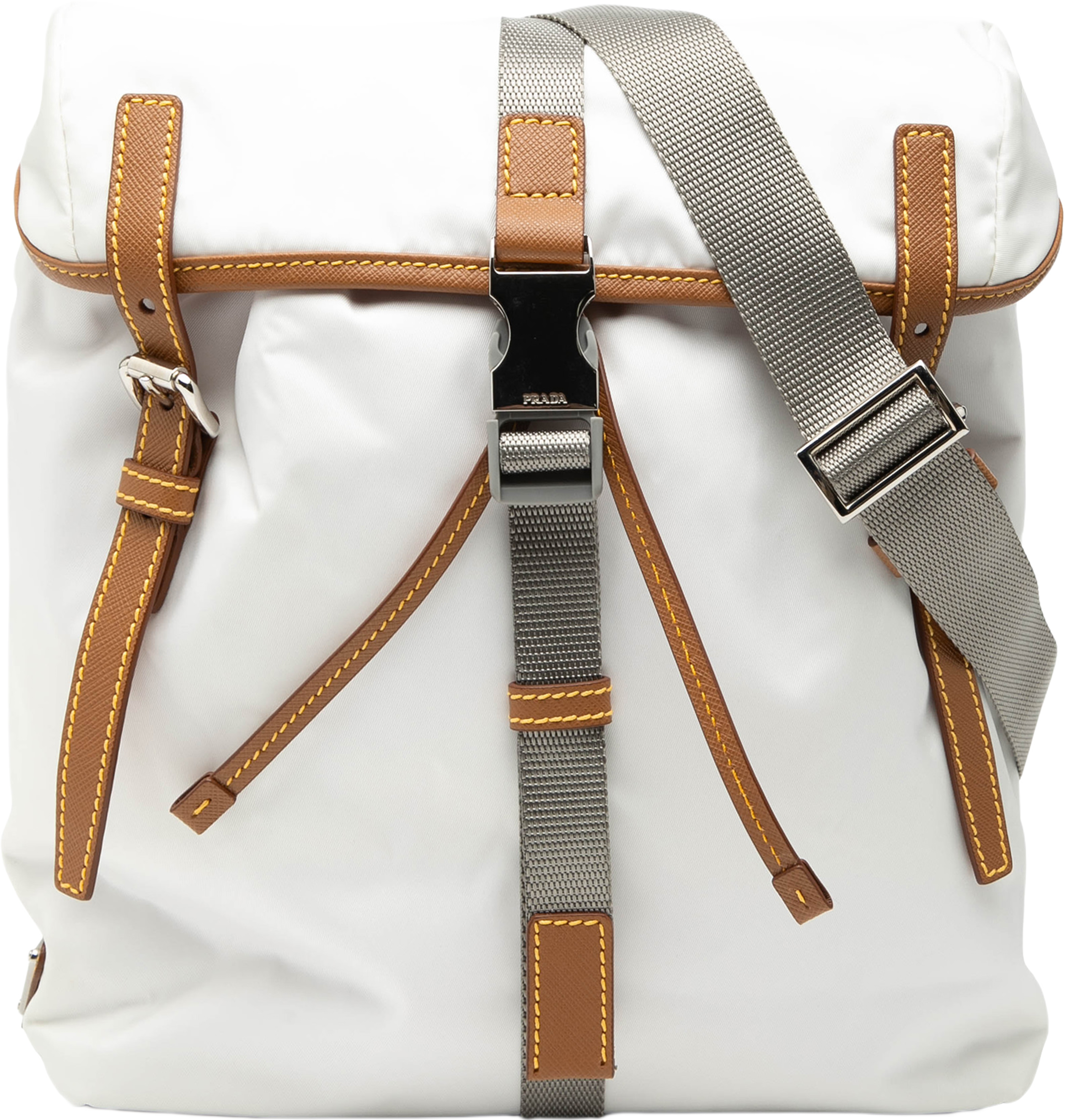 Prada Saffiano Trimmed Tessuto Triple Buckle Messenger Bag, från Luxclusif, i färgen white. Klicka för att öppna bilden i stort format