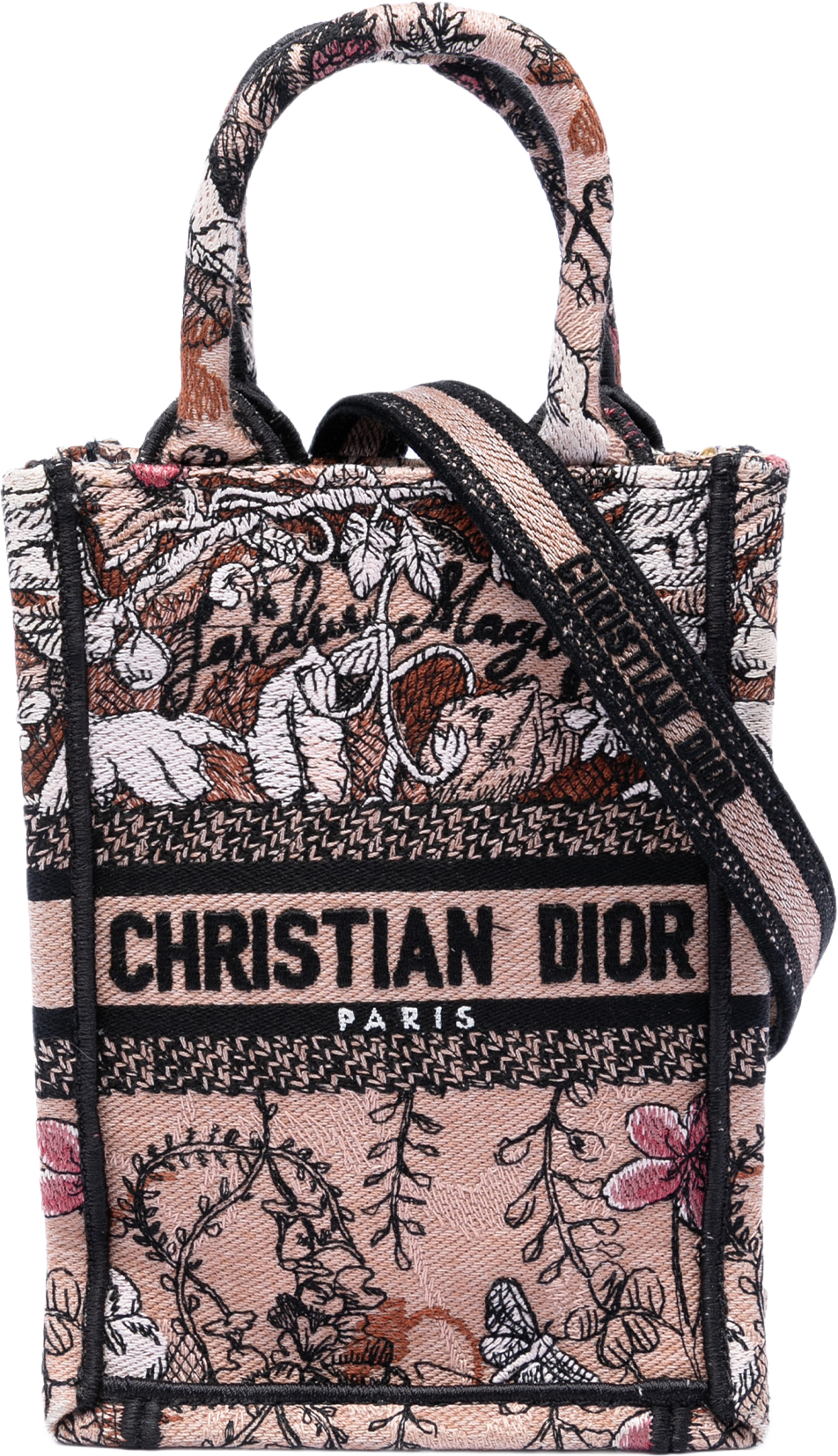 Dior Mini Embroidered Canvas Jardin Magique Vertical Book Tote, från Luxclusif, i färgen rosa. Klicka för att öppna bilden i stort format