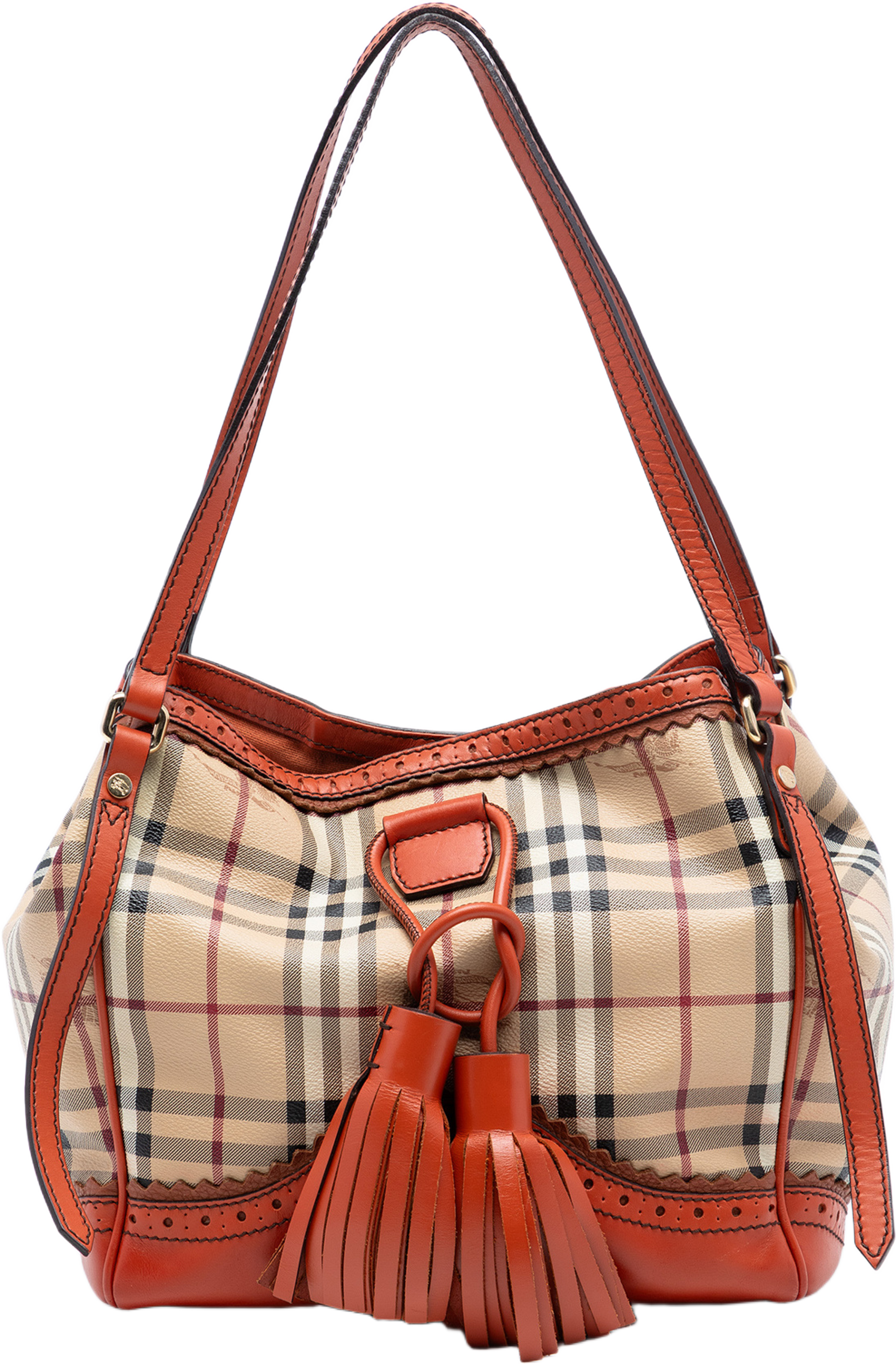 Burberry Small Haymarket Check Coated Canvas Brogue Tassel Tote, från Luxclusif, i färgen beige. Klicka för att öppna bilden i stort format