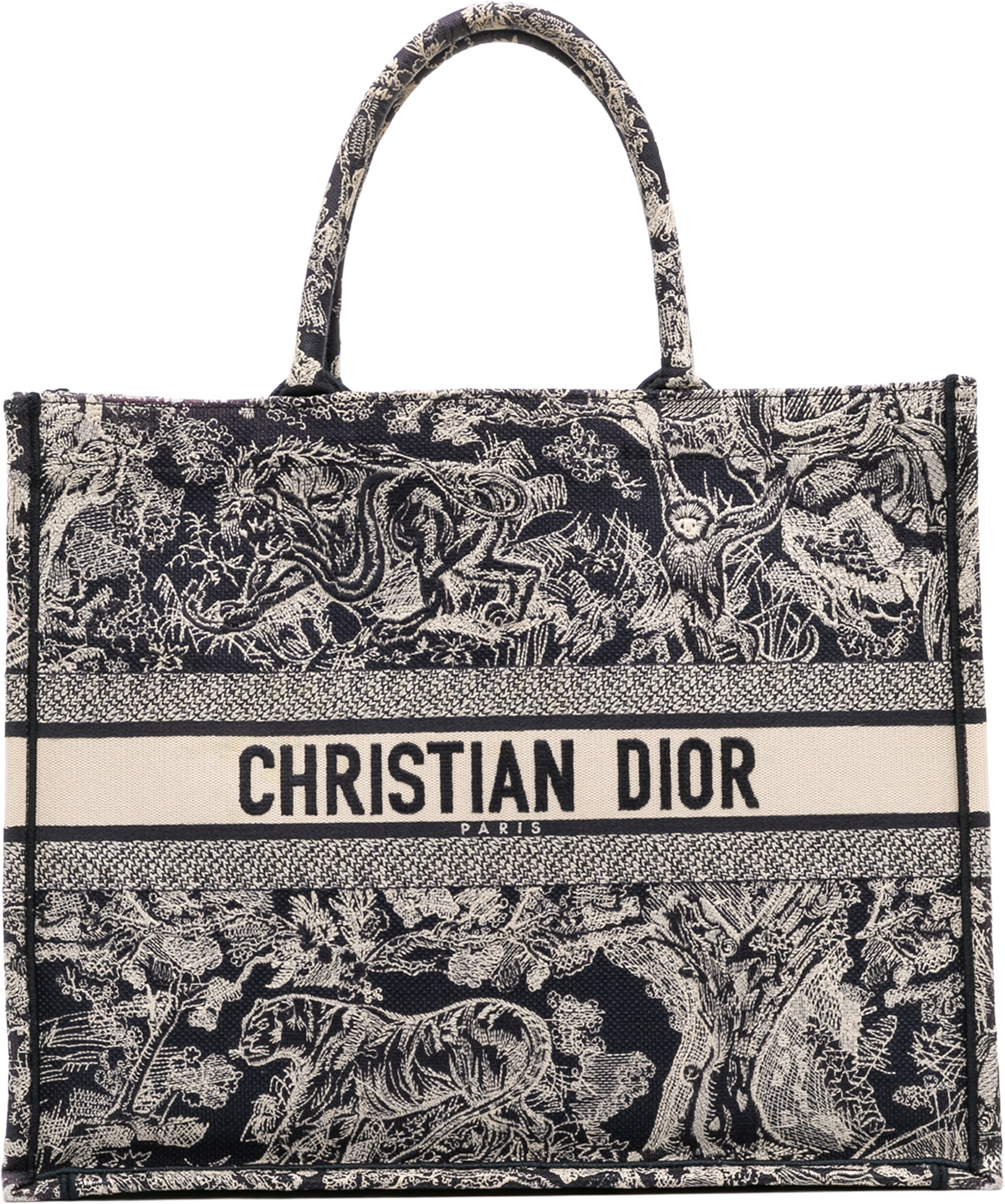 Dior Large Canvas Toile De Jouy Reverse Embroidered Book Tote, från Luxclusif, i färgen navy. Klicka för att öppna bilden i stort format