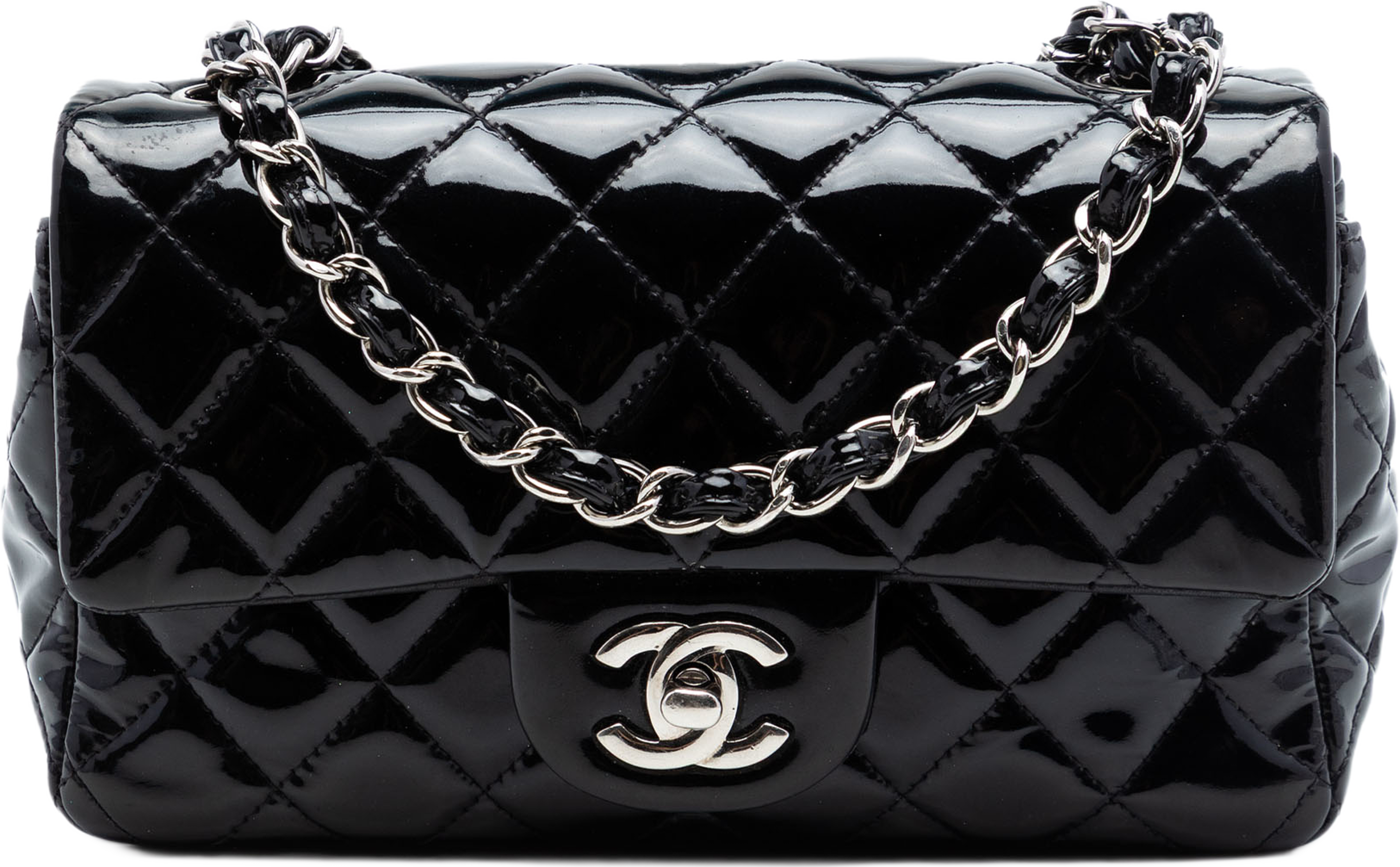 Chanel Mini Rectangular Classic Patent Single Flap, från Luxclusif, i färgen black. Klicka för att öppna bilden i stort format