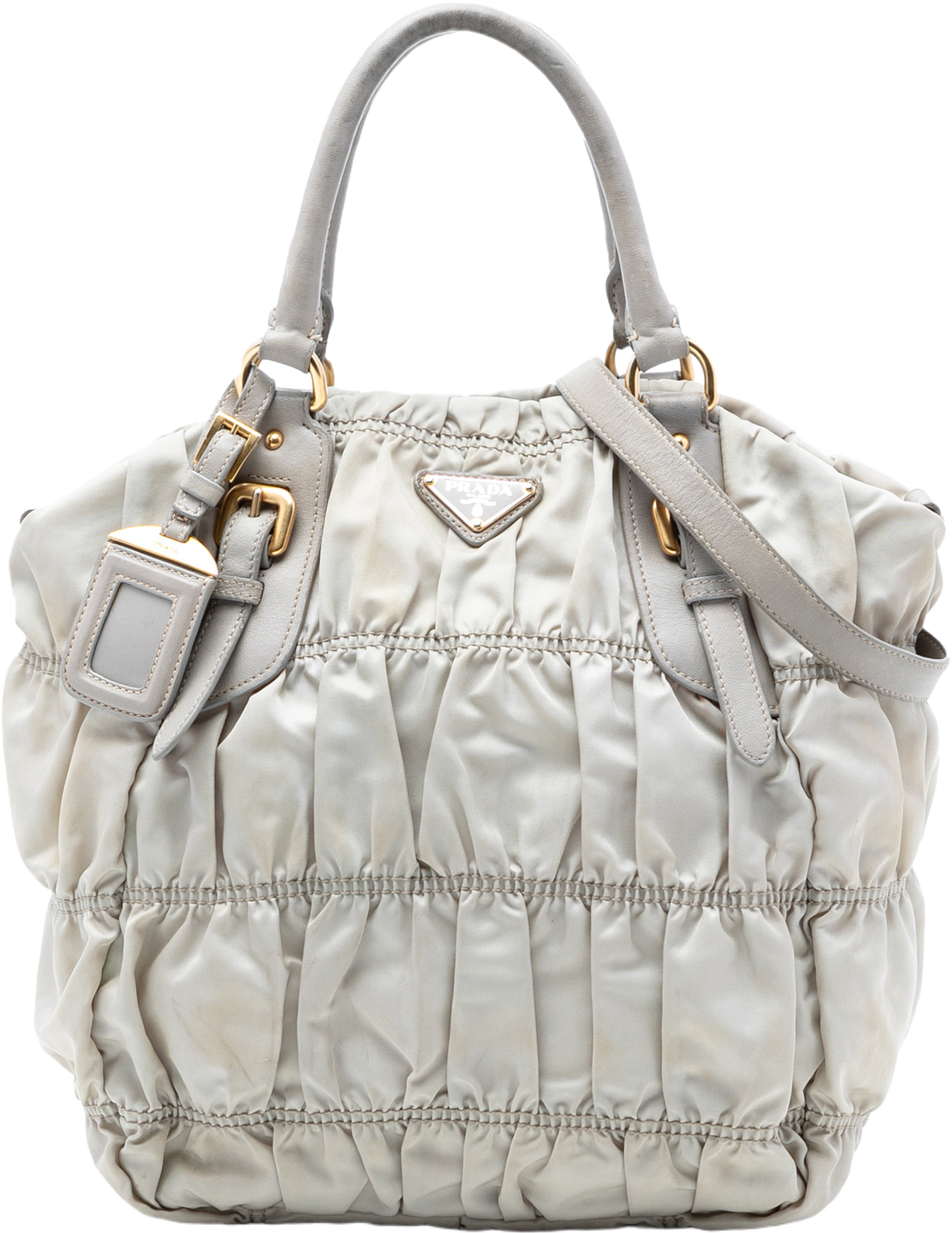 Prada Tessuto Gaufre Satchel, från Luxclusif, i färgen light gray. Klicka för att öppna bilden i stort format